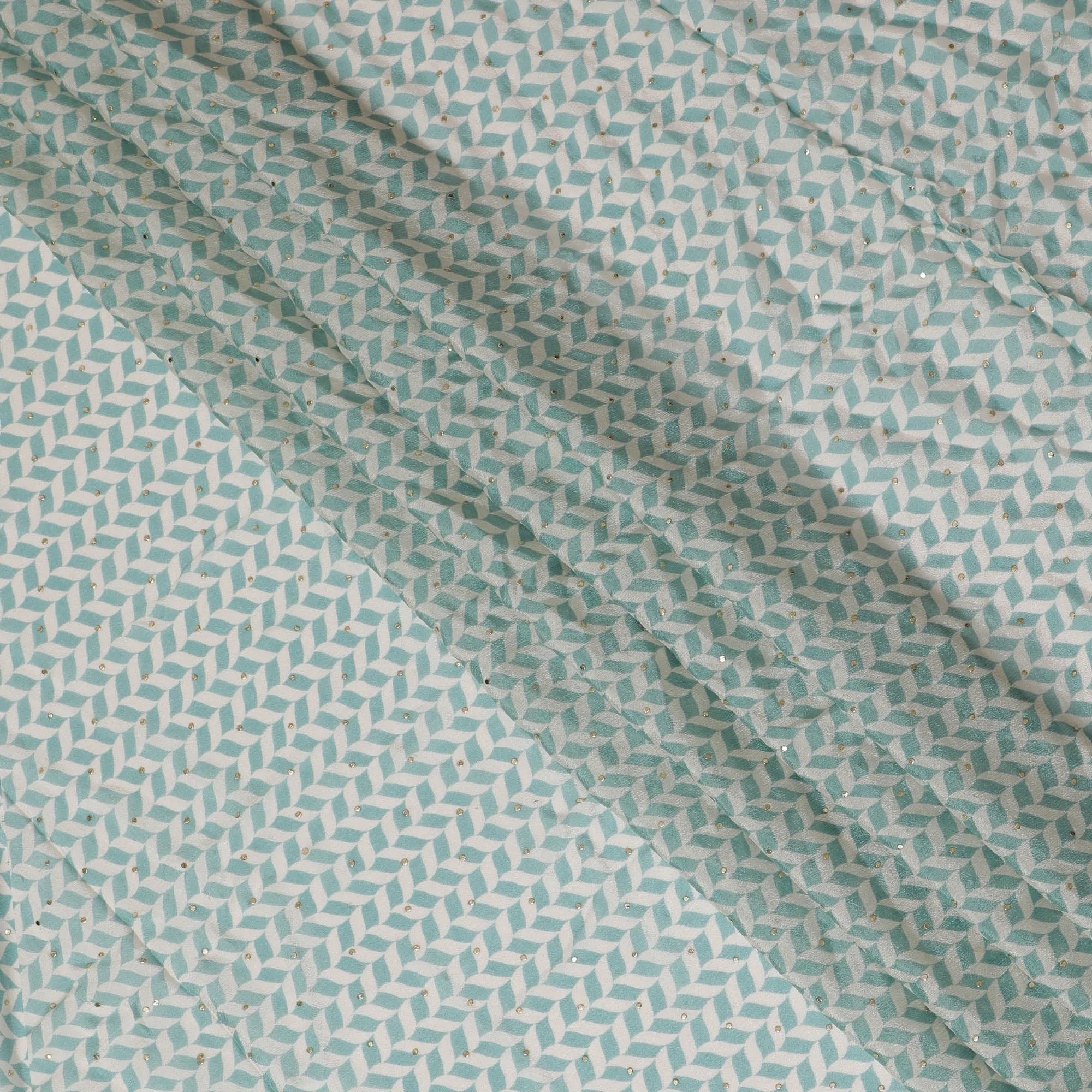 Aqua and White Chevron Cotton Lawn Fabric with Sequins, 110 cm Width-D19663
