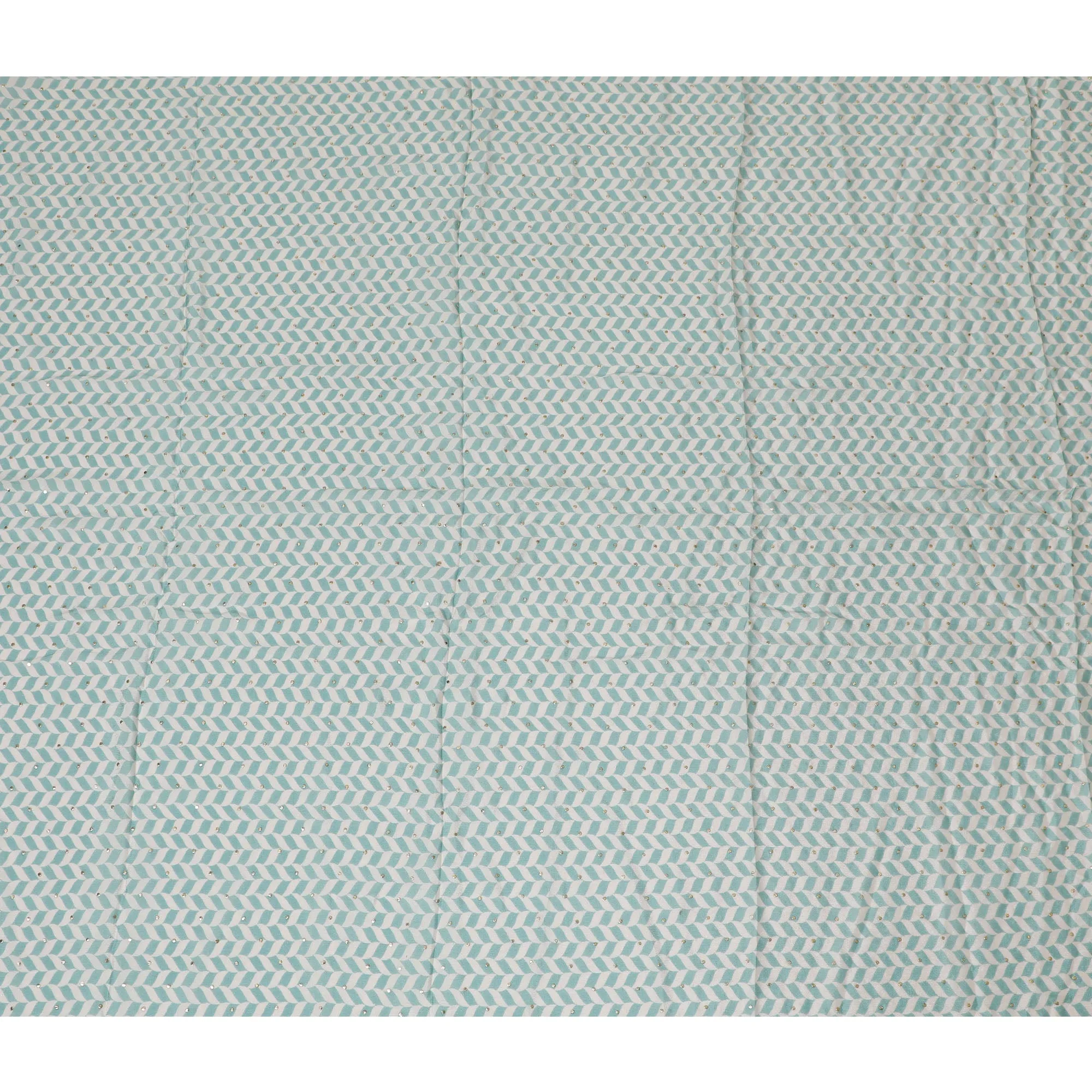 Aqua and White Chevron Cotton Lawn Fabric with Sequins, 110 cm Width-D19663