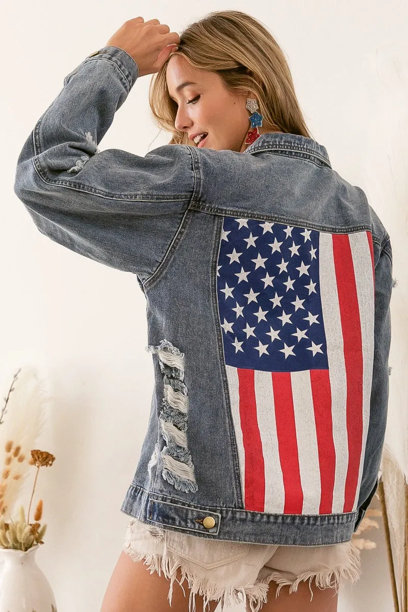 BiBi Distressed Denim American Flag Jacket PREORDER