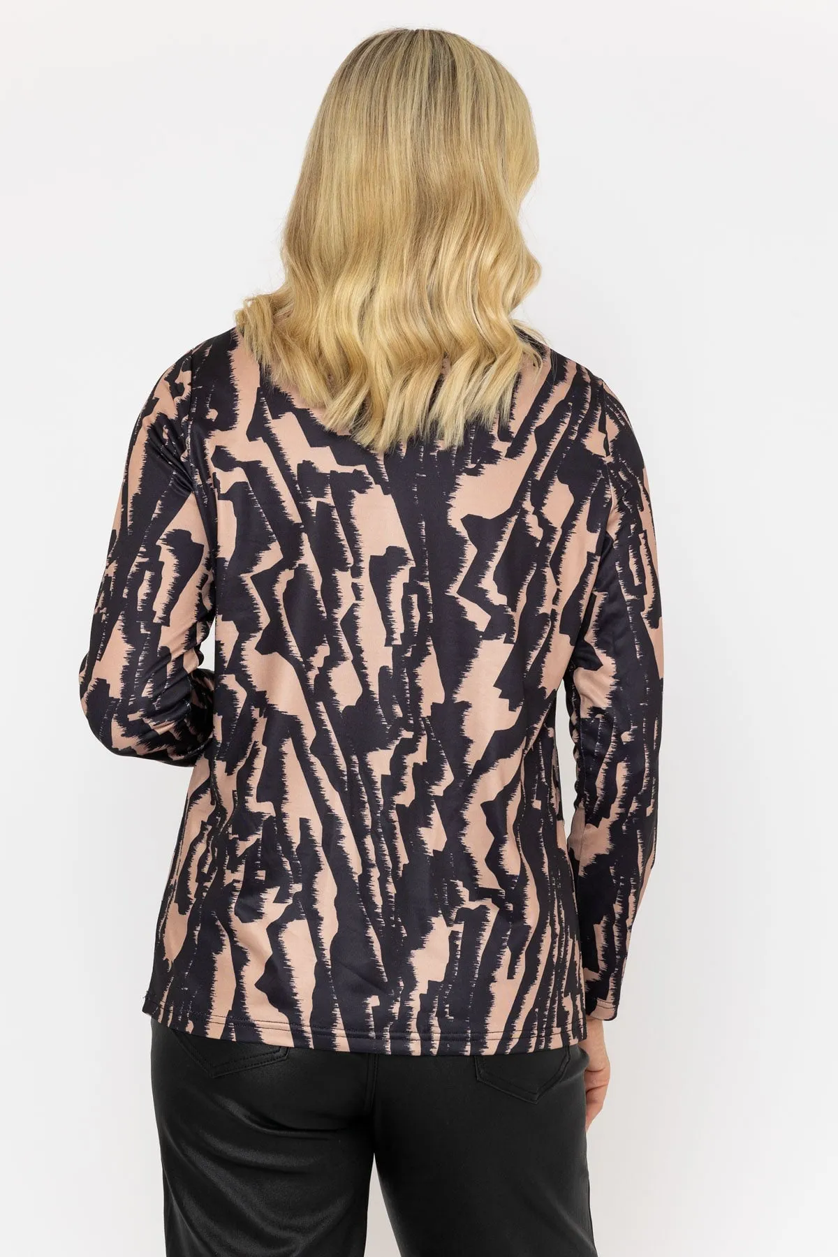 Black & Camel Printed Jersey Top With Front Neck Detail
