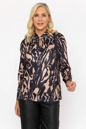 Black & Camel Printed Jersey Top With Front Neck Detail