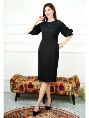 Black Blended Fabric Bright Low Puff Sleeve Dress