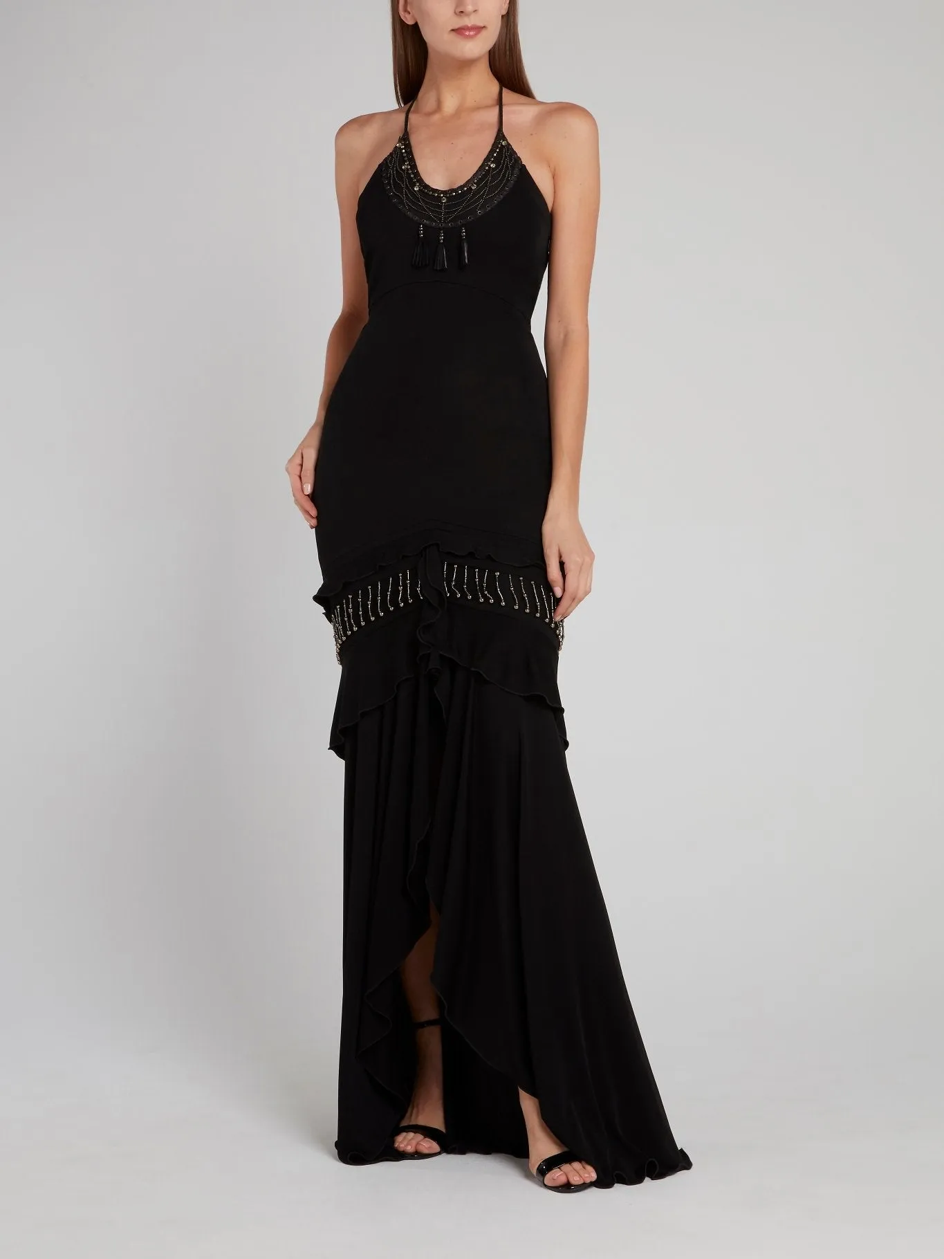 Black Embellished Frill Maxi Dress