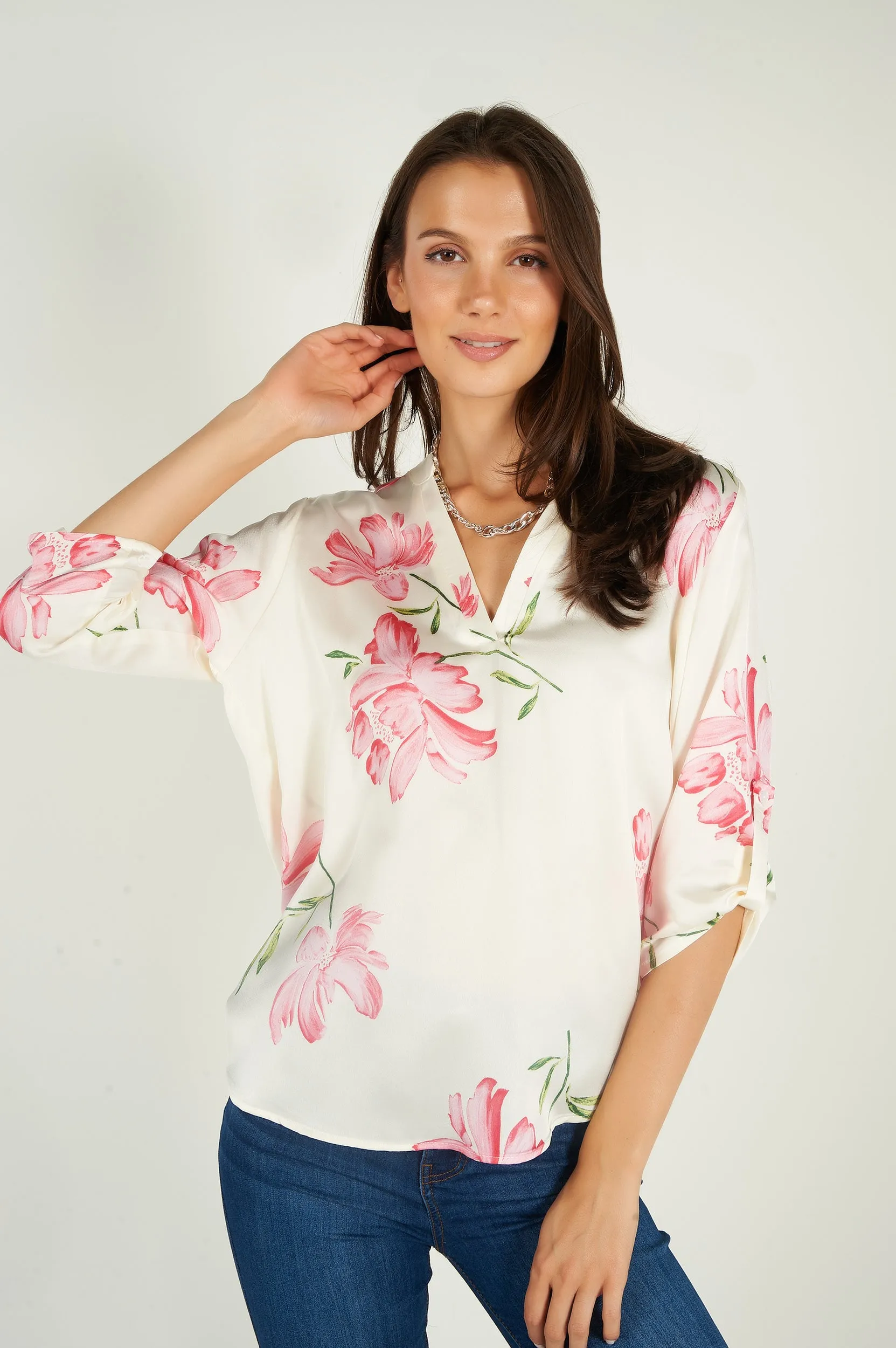 Blouse fleurie en satin - ARIS-28 - (R-B9)
