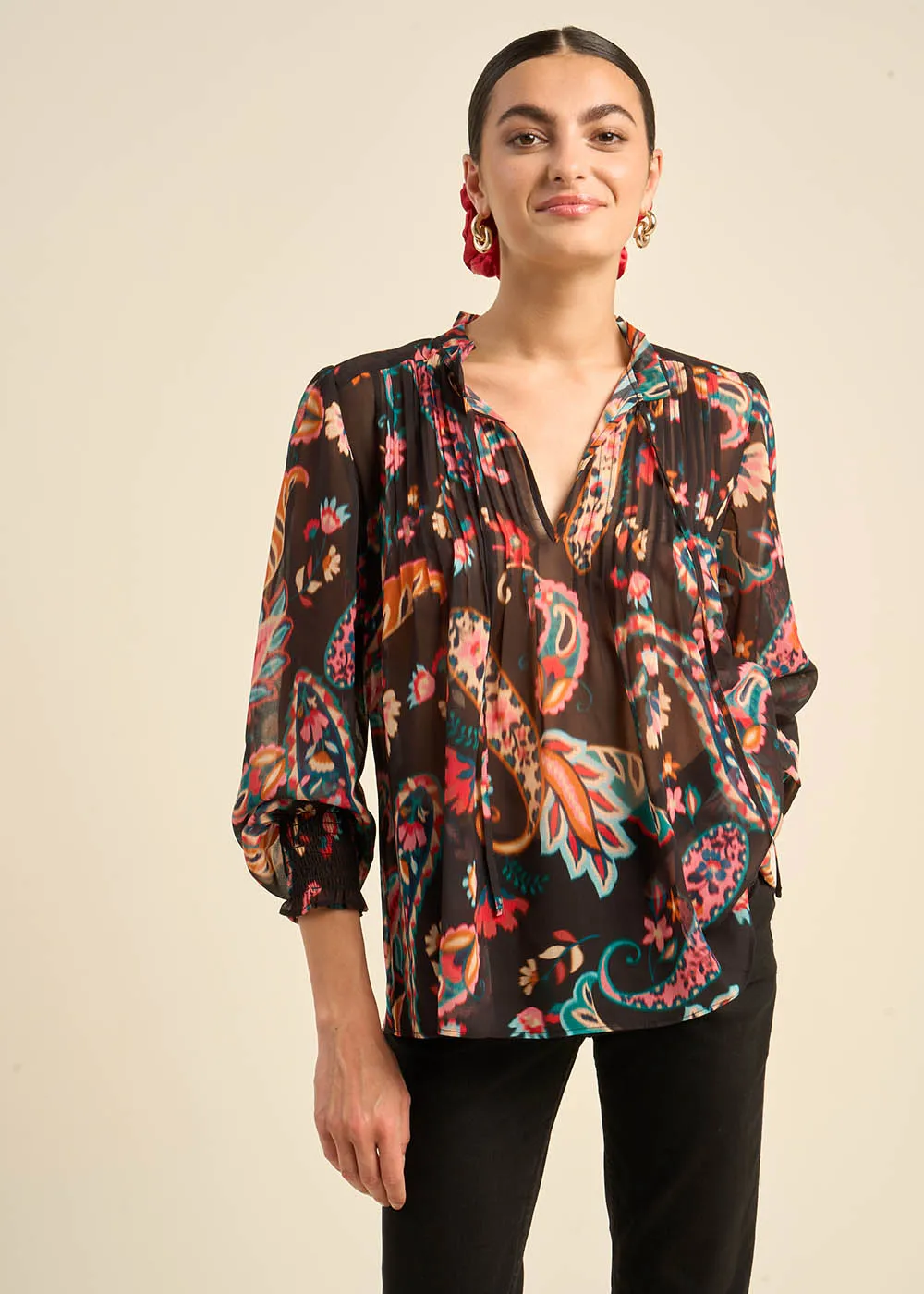 Blouse imprimée avec détails plissés