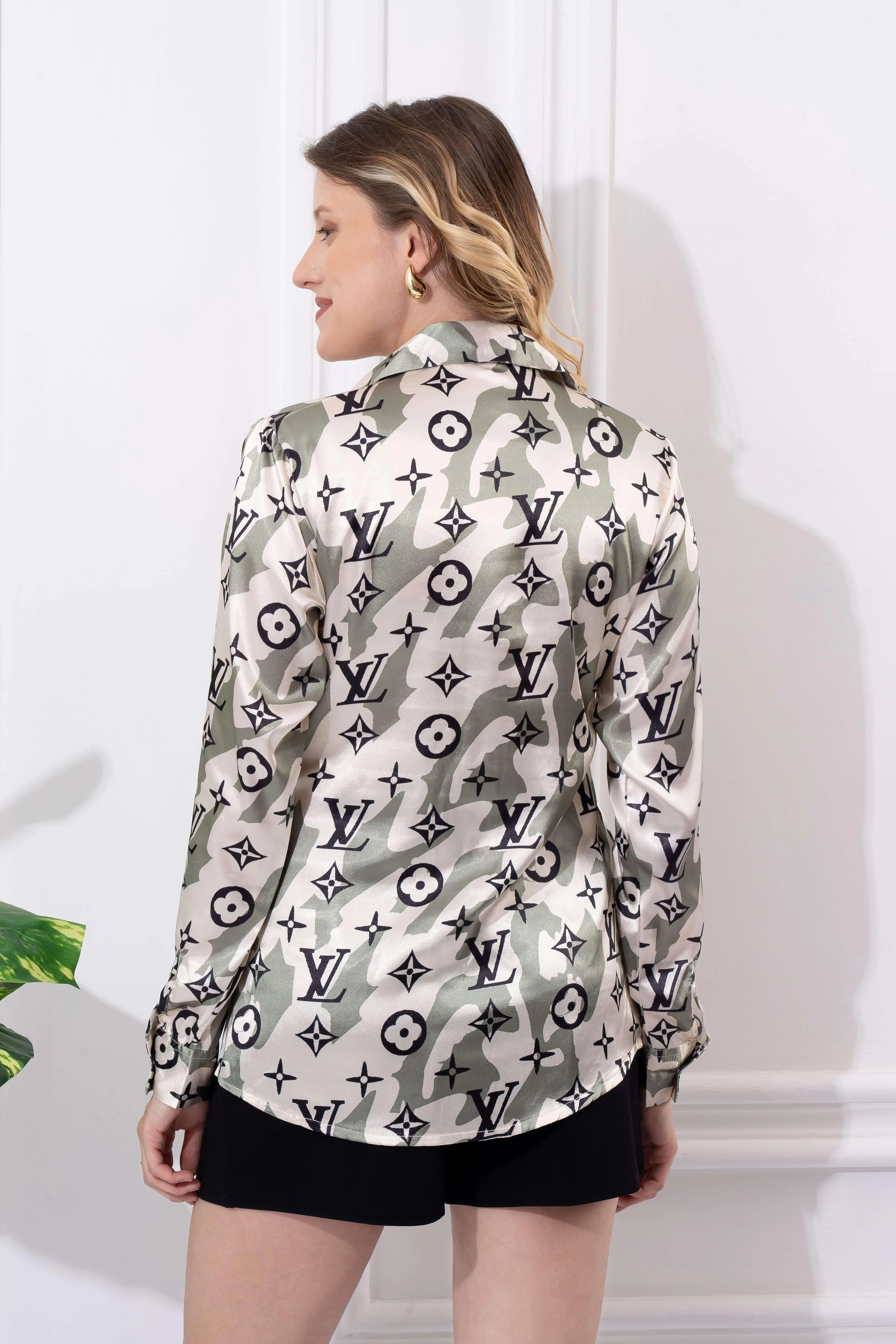Brand Print Light Green Satin Shirt