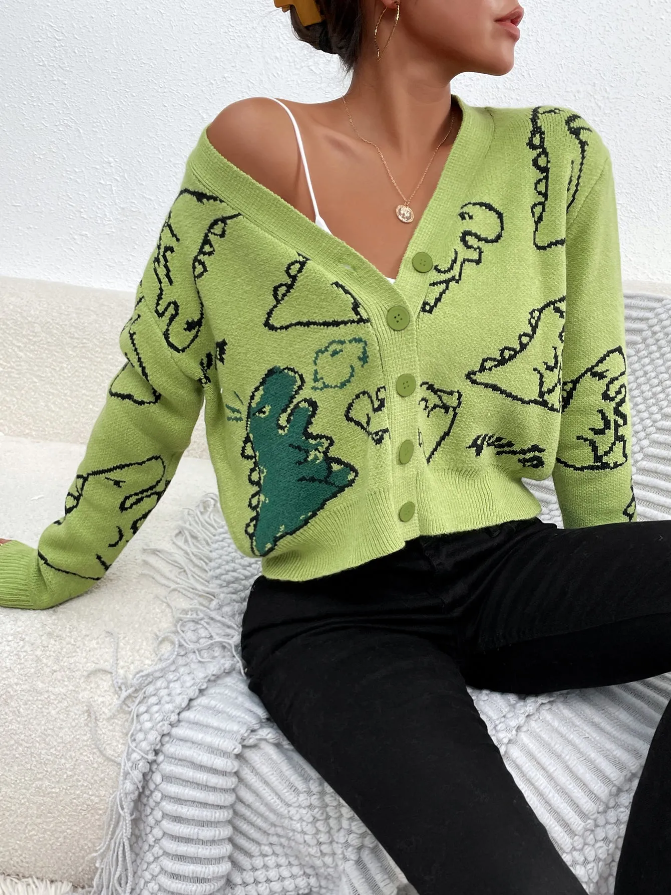 Cartoon Dinosaur Pattern Green Knitted Cardigan FJM01A0002LV