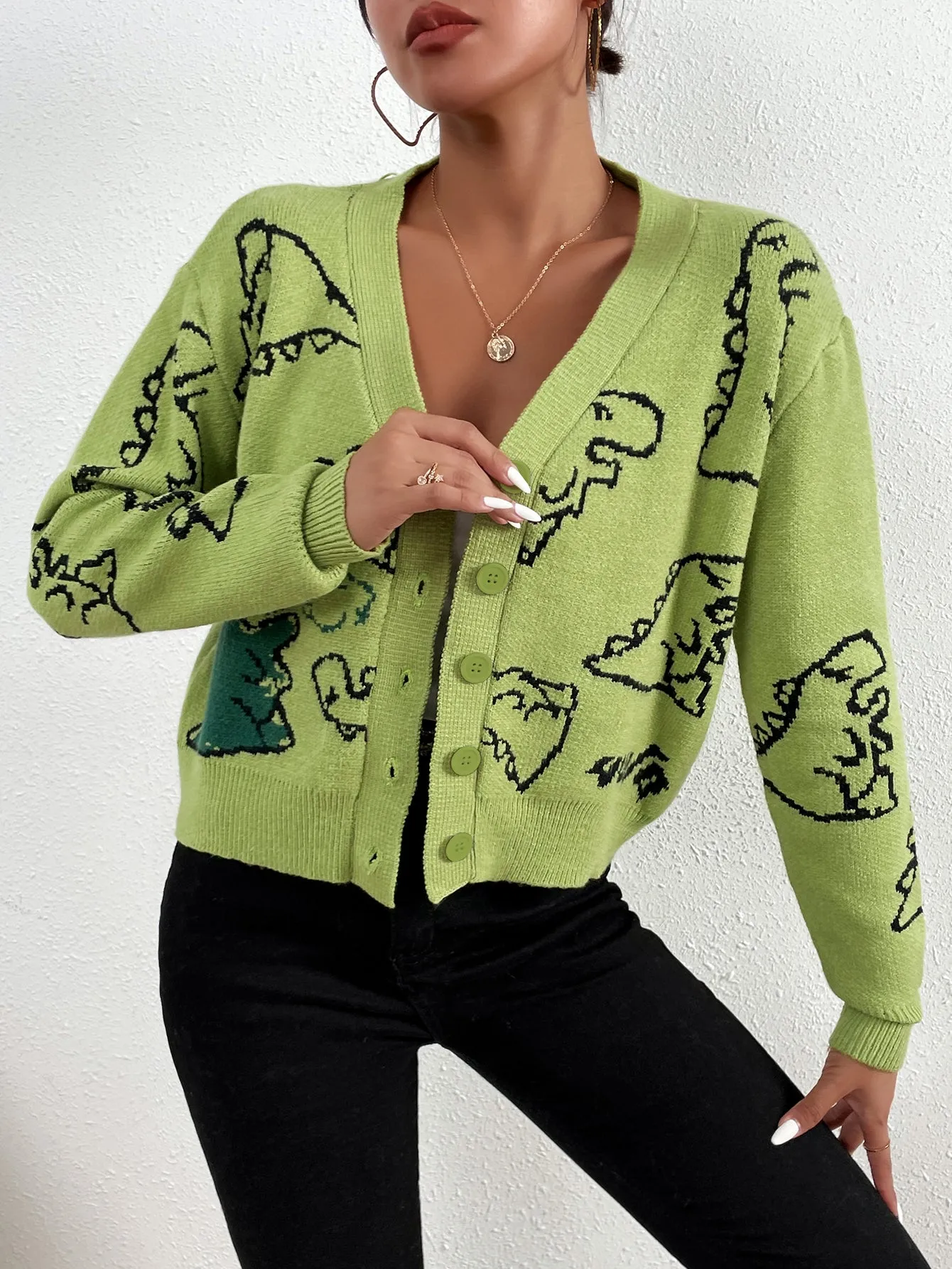 Cartoon Dinosaur Pattern Green Knitted Cardigan FJM01A0002LV