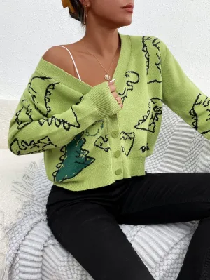 Cartoon Dinosaur Pattern Green Knitted Cardigan FJM01A0002LV