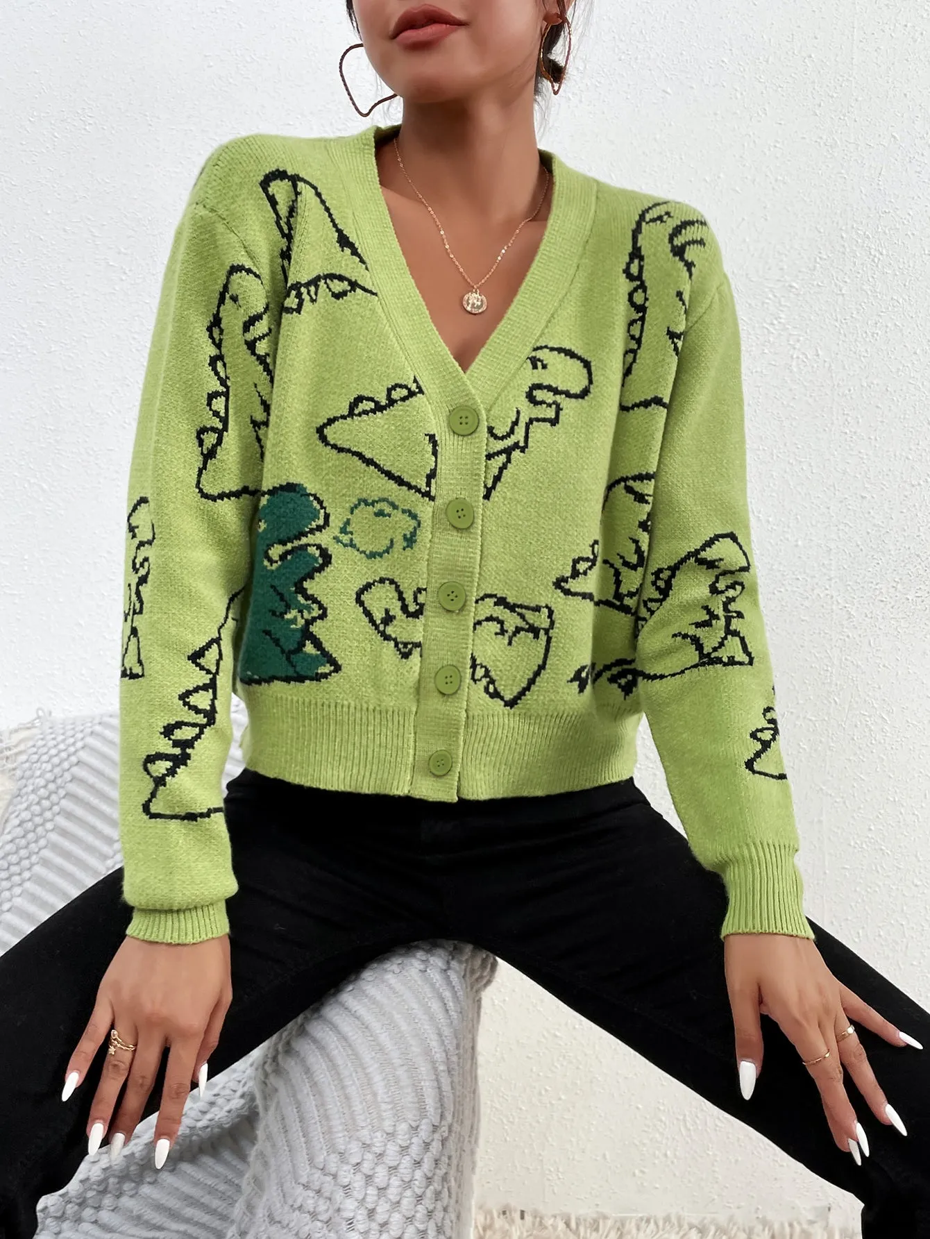 Cartoon Dinosaur Pattern Green Knitted Cardigan FJM01A0002LV