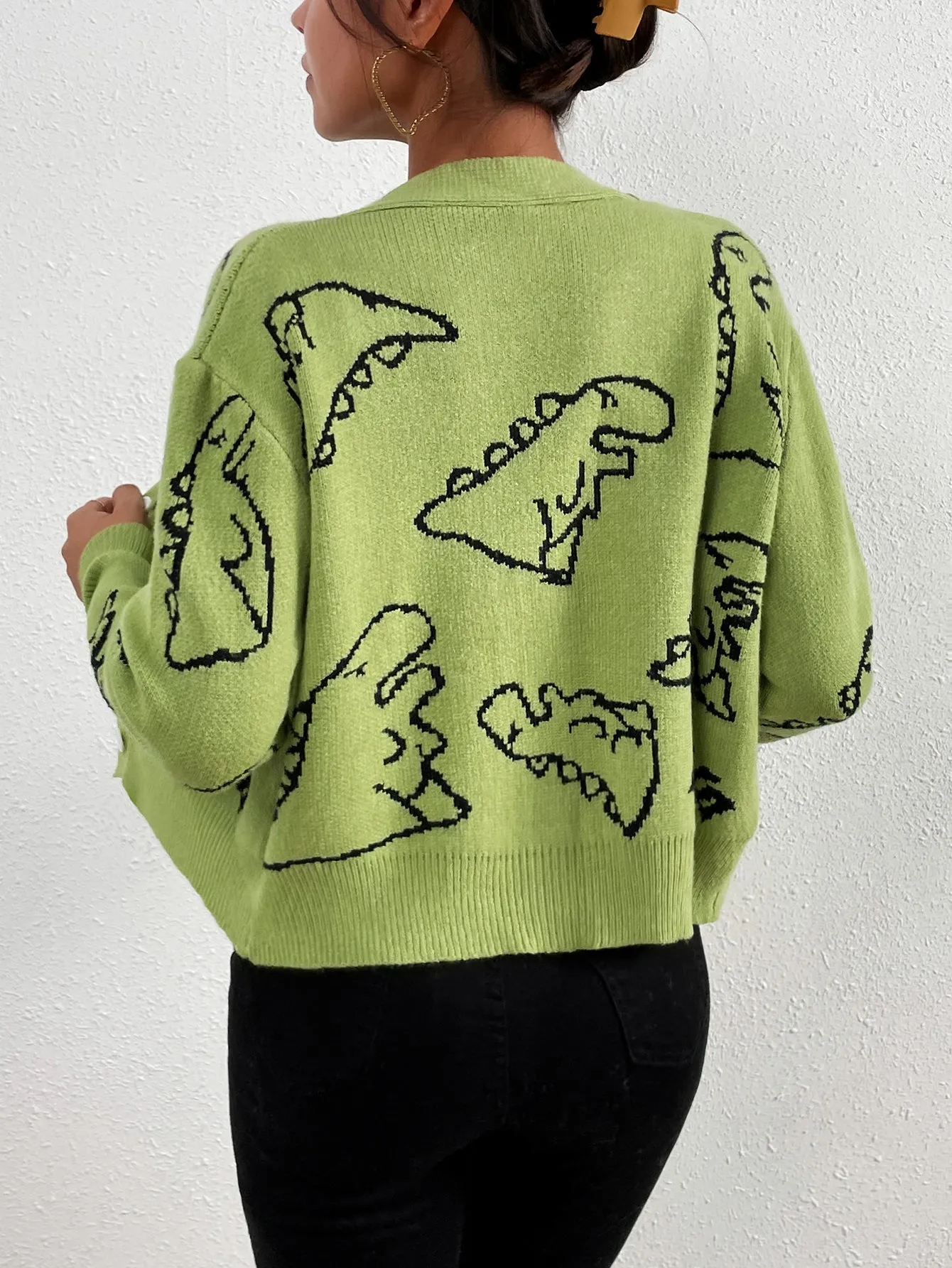 Cartoon Dinosaur Pattern Green Knitted Cardigan FJM01A0002LV