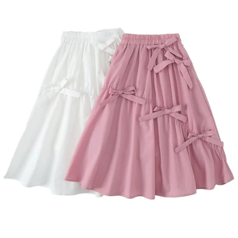 Casual Girl Skirt Long Lolita Skirts Teenager Plus Size Cute Bow Elegant Princess Outfit Kids Clothes
