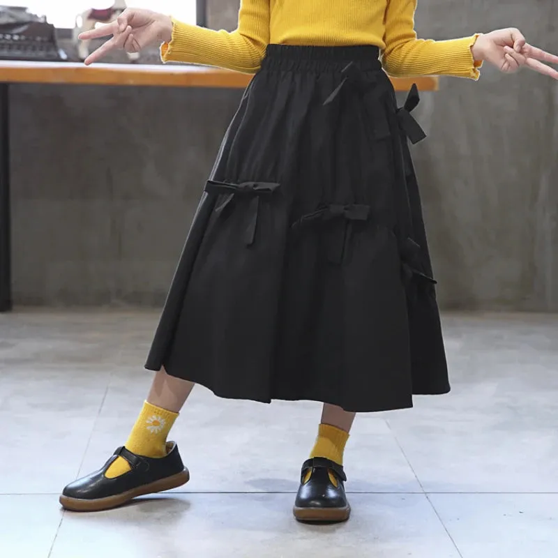 Casual Girl Skirt Long Lolita Skirts Teenager Plus Size Cute Bow Elegant Princess Outfit Kids Clothes