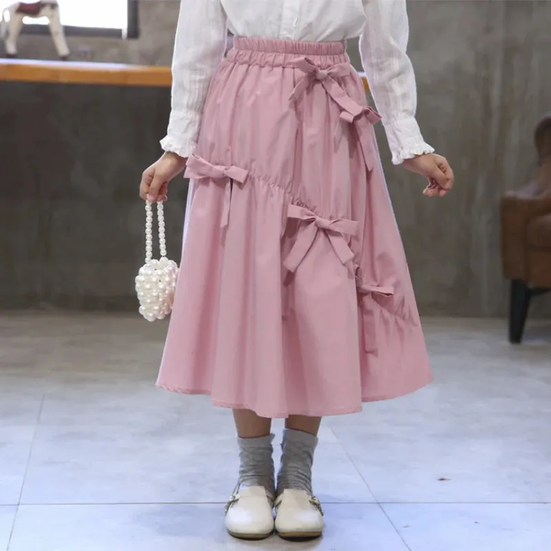 Casual Girl Skirt Long Lolita Skirts Teenager Plus Size Cute Bow Elegant Princess Outfit Kids Clothes
