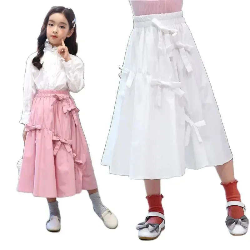 Casual Girl Skirt Long Lolita Skirts Teenager Plus Size Cute Bow Elegant Princess Outfit Kids Clothes
