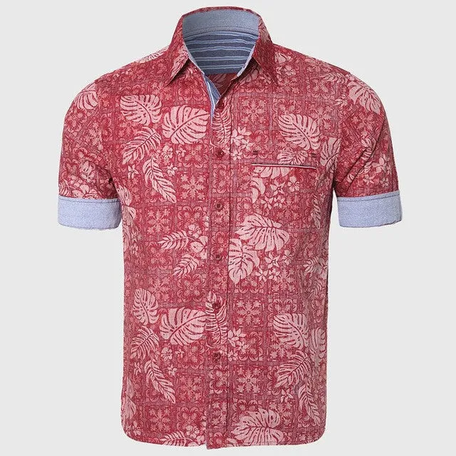Casual Hawaiian Shirts Men Cotton Linen Floral Shirt Short Sleeve.