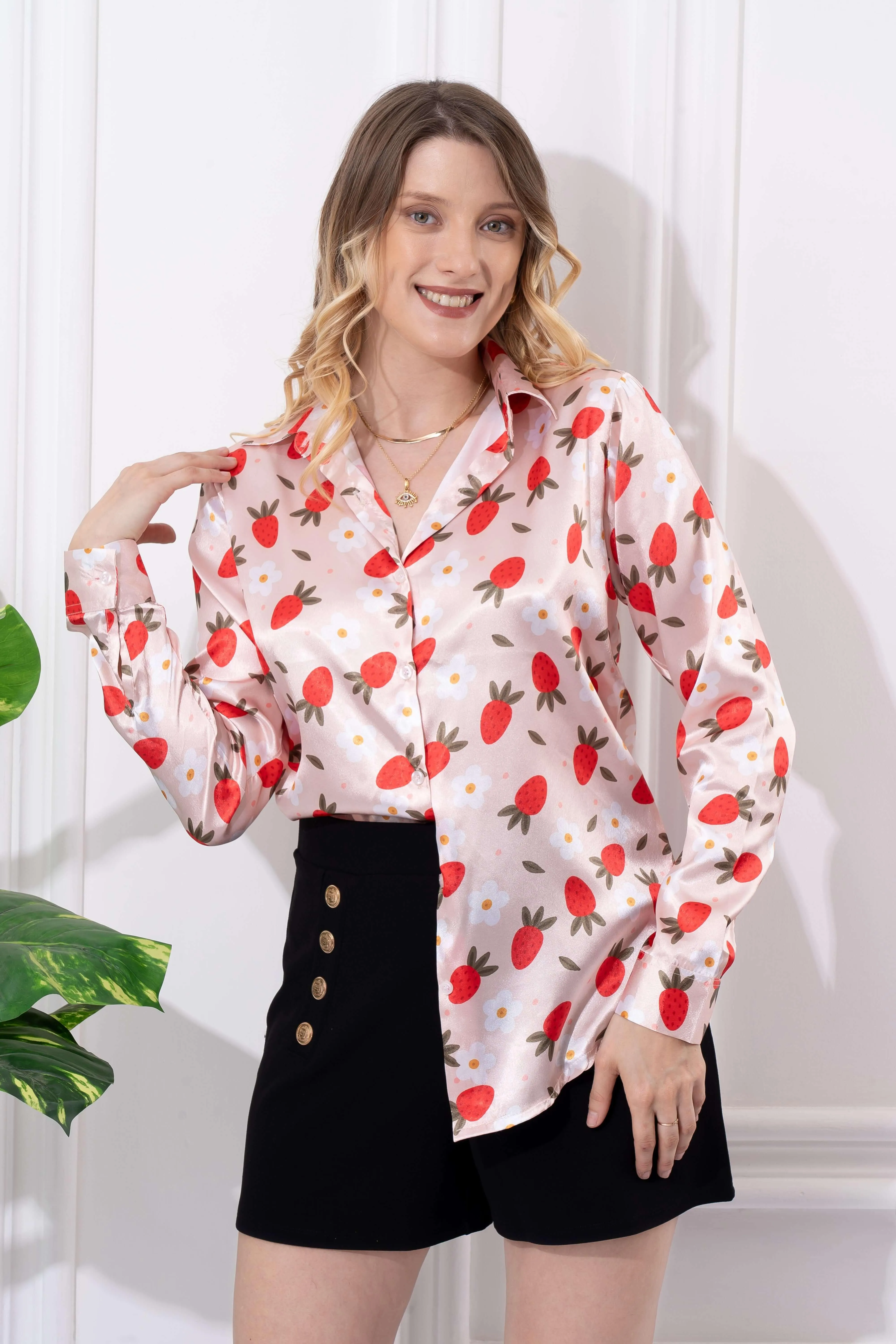 Classy Strawberry Printed Satin Shirt