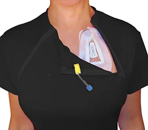 ComfyChemo® CHEMOWEAR : Women's Short Sleeve Chemotherapy Port Zipper Shirt (Medium, Black)