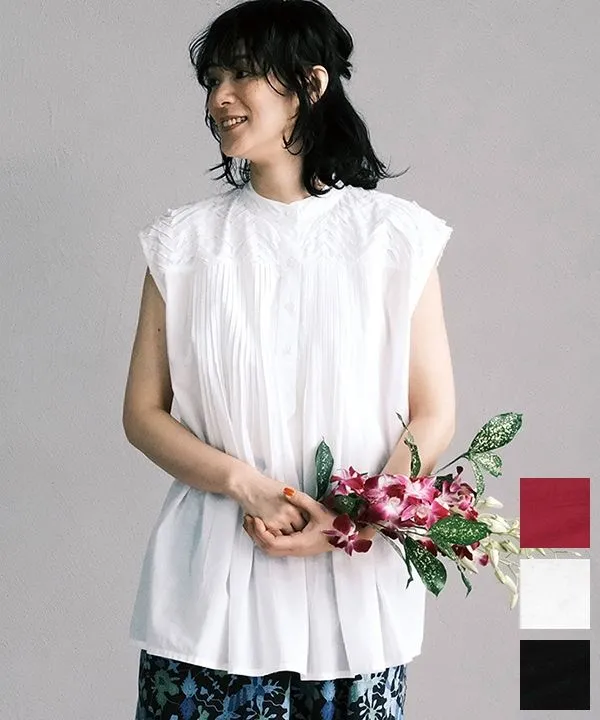 Cotton Voile Sleeveless Blouse with Tucks and Tapes 25S487 [Expected to arrive in May].