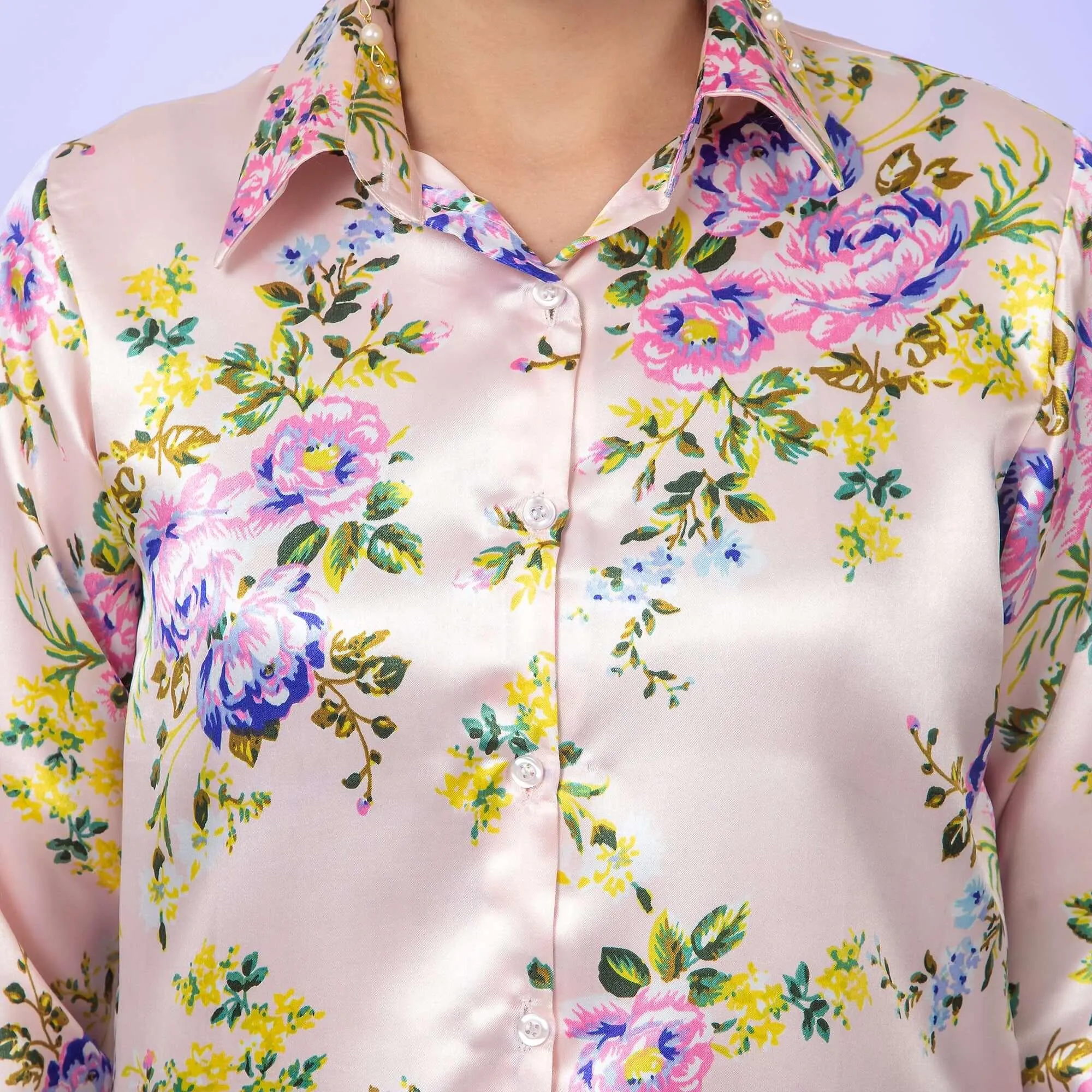 Cream Floral Printed Satin Shirt