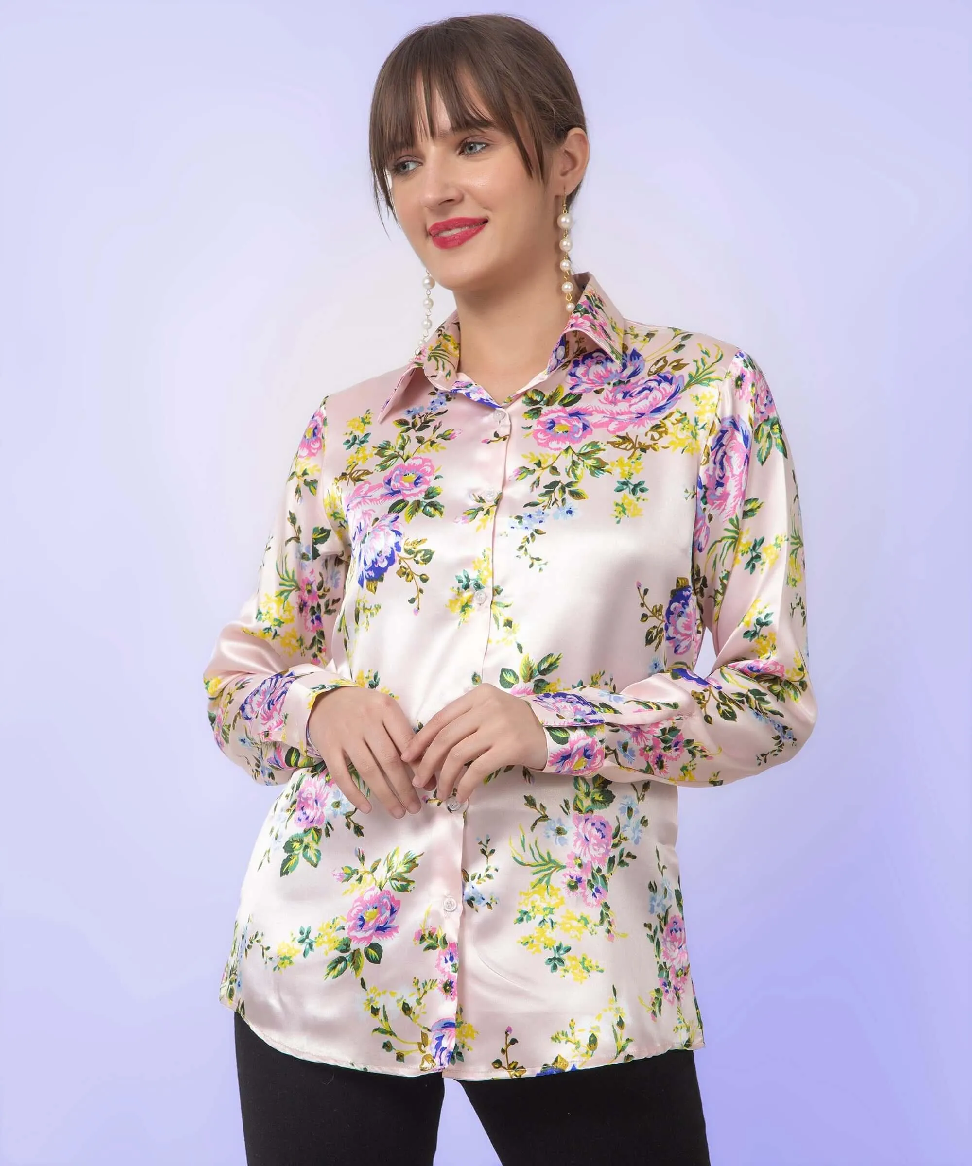 Cream Floral Printed Satin Shirt