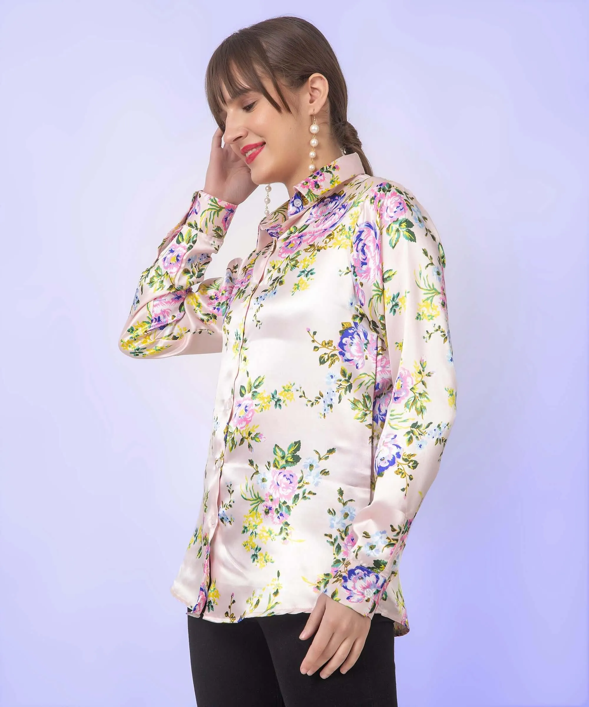 Cream Floral Printed Satin Shirt