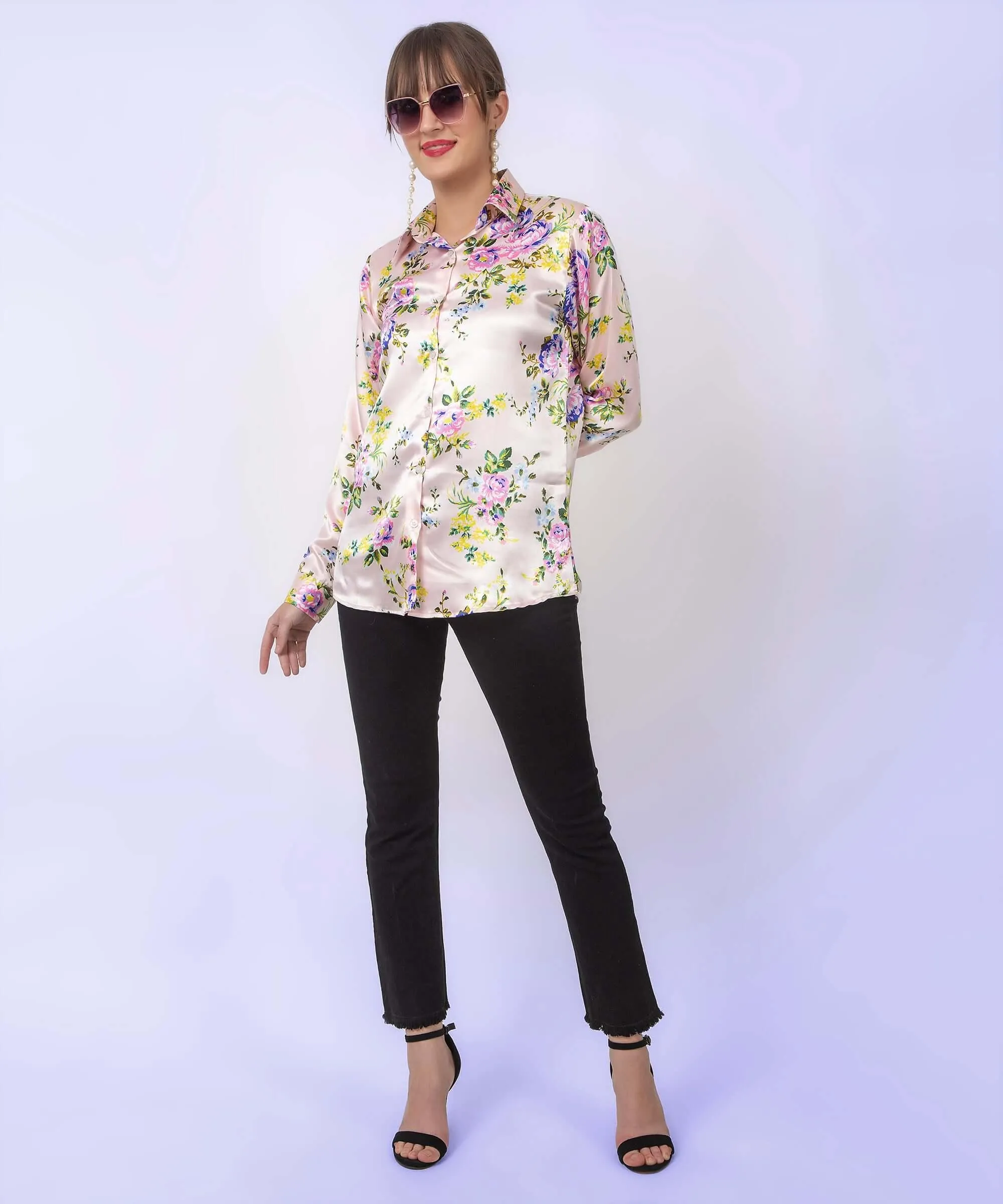 Cream Floral Printed Satin Shirt
