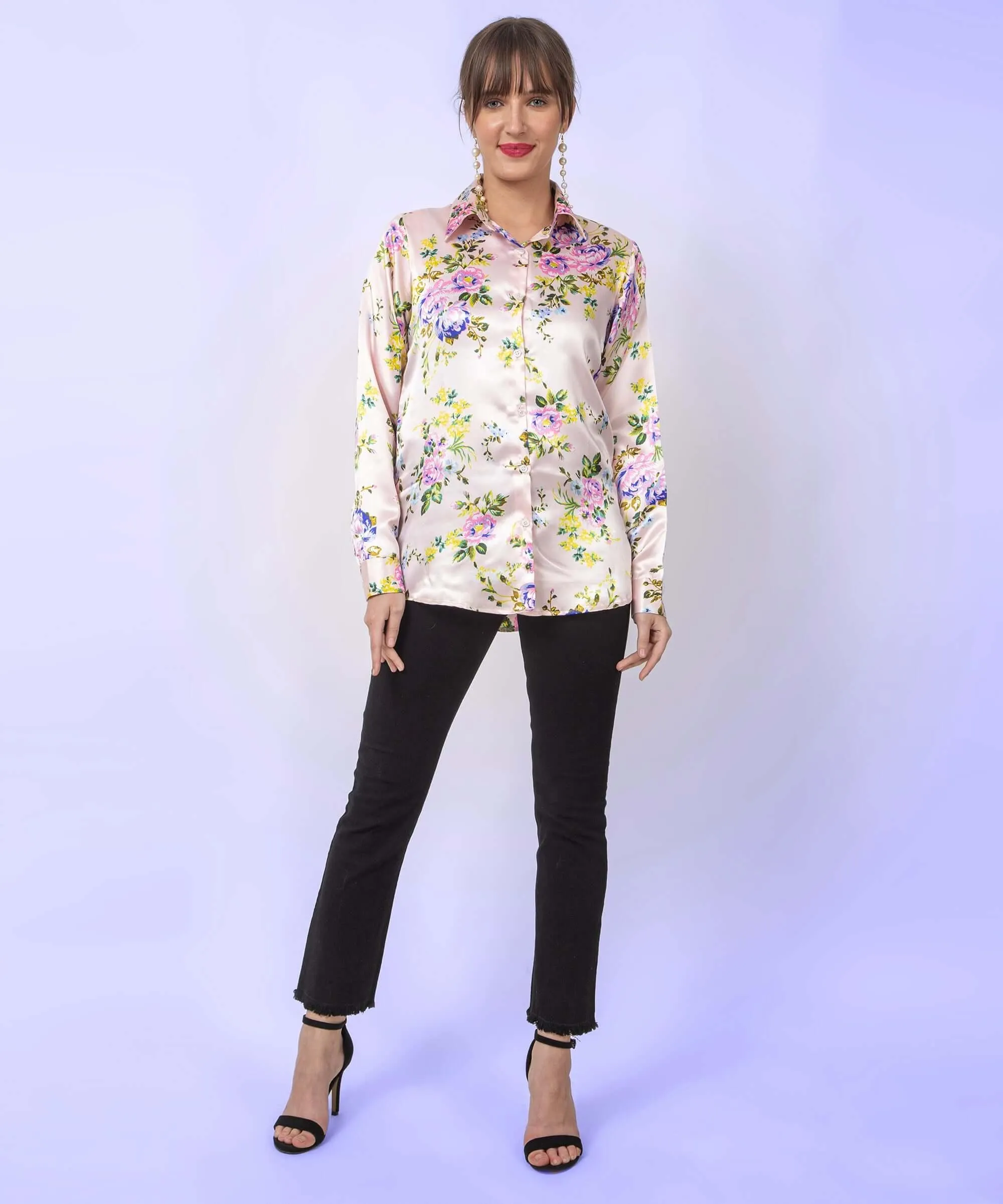 Cream Floral Printed Satin Shirt