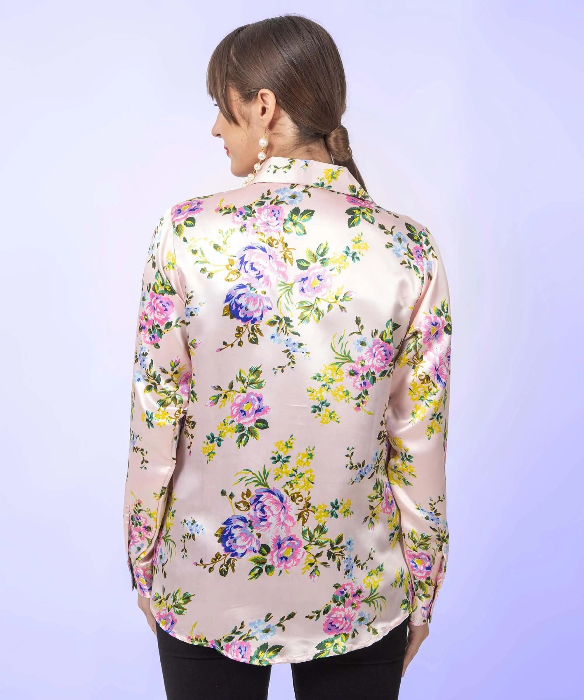 Cream Floral Printed Satin Shirt