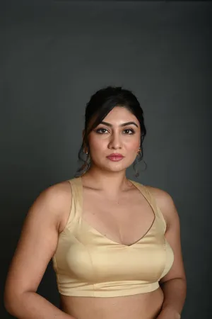 Cream Sleeveless Blouse in Cotton with Back Cutout with Deep V Neckline