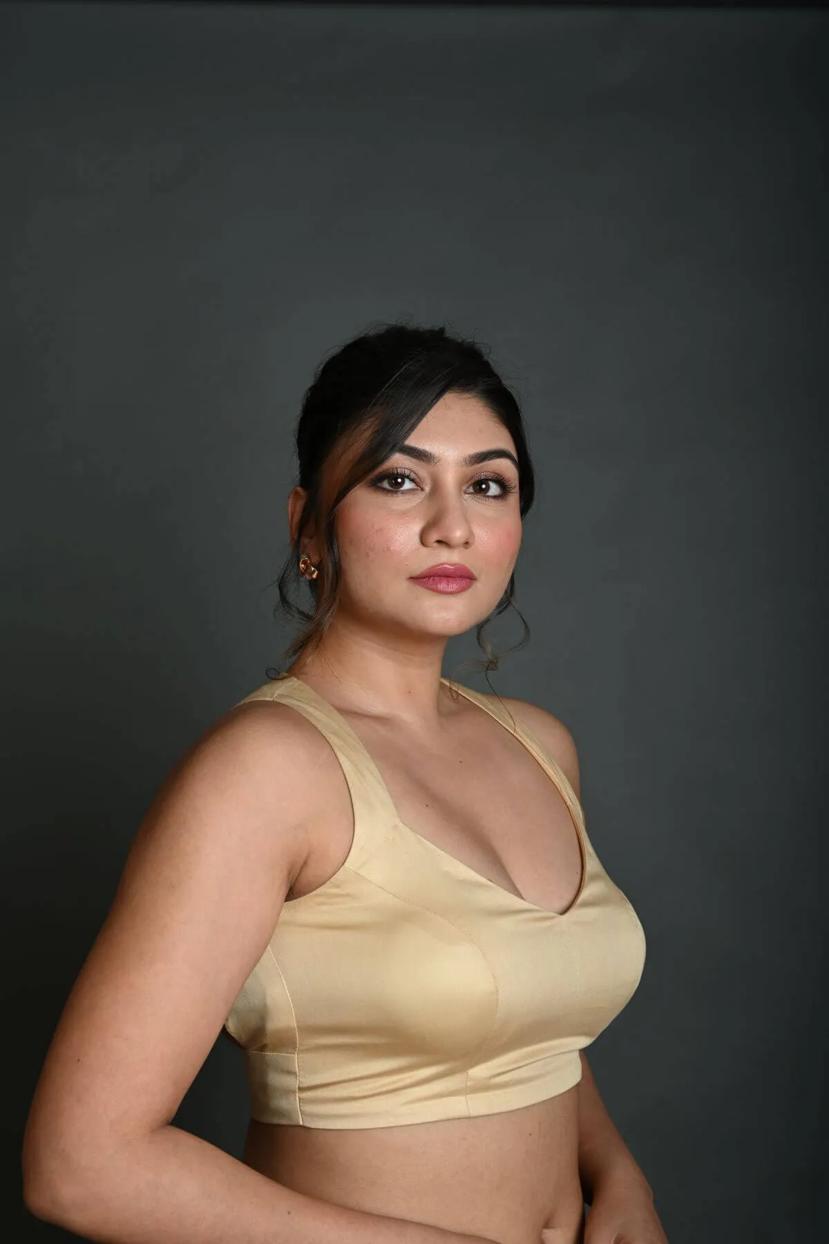 Cream Sleeveless Blouse in Cotton with Back Cutout with Deep V Neckline