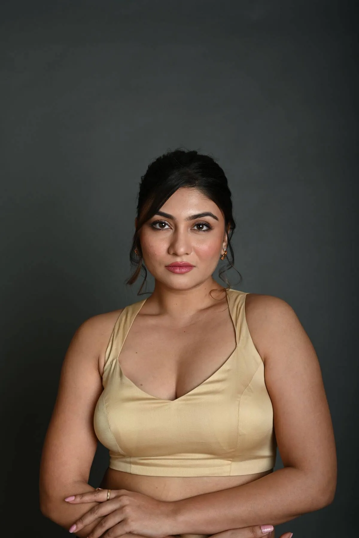 Cream Sleeveless Blouse in Cotton with Back Cutout with Deep V Neckline