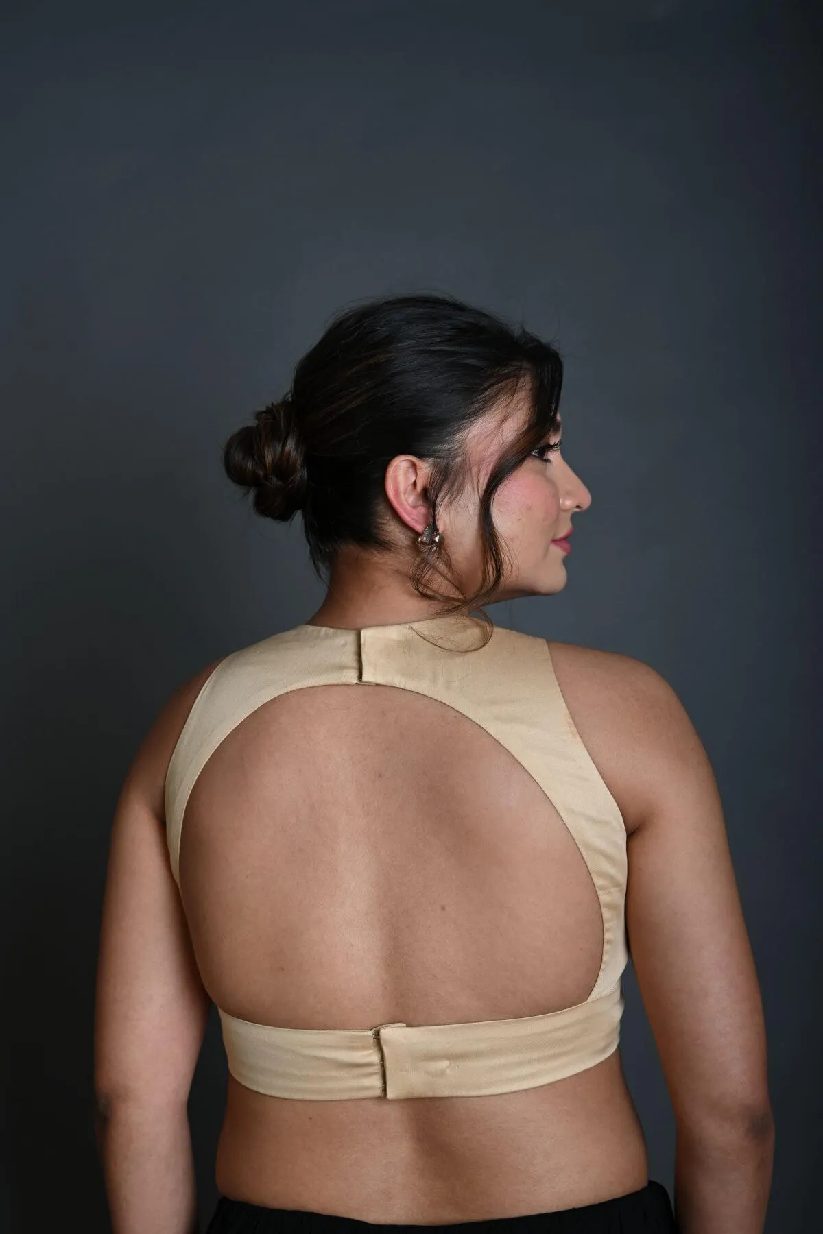 Cream Sleeveless Blouse in Cotton with Back Cutout with Deep V Neckline