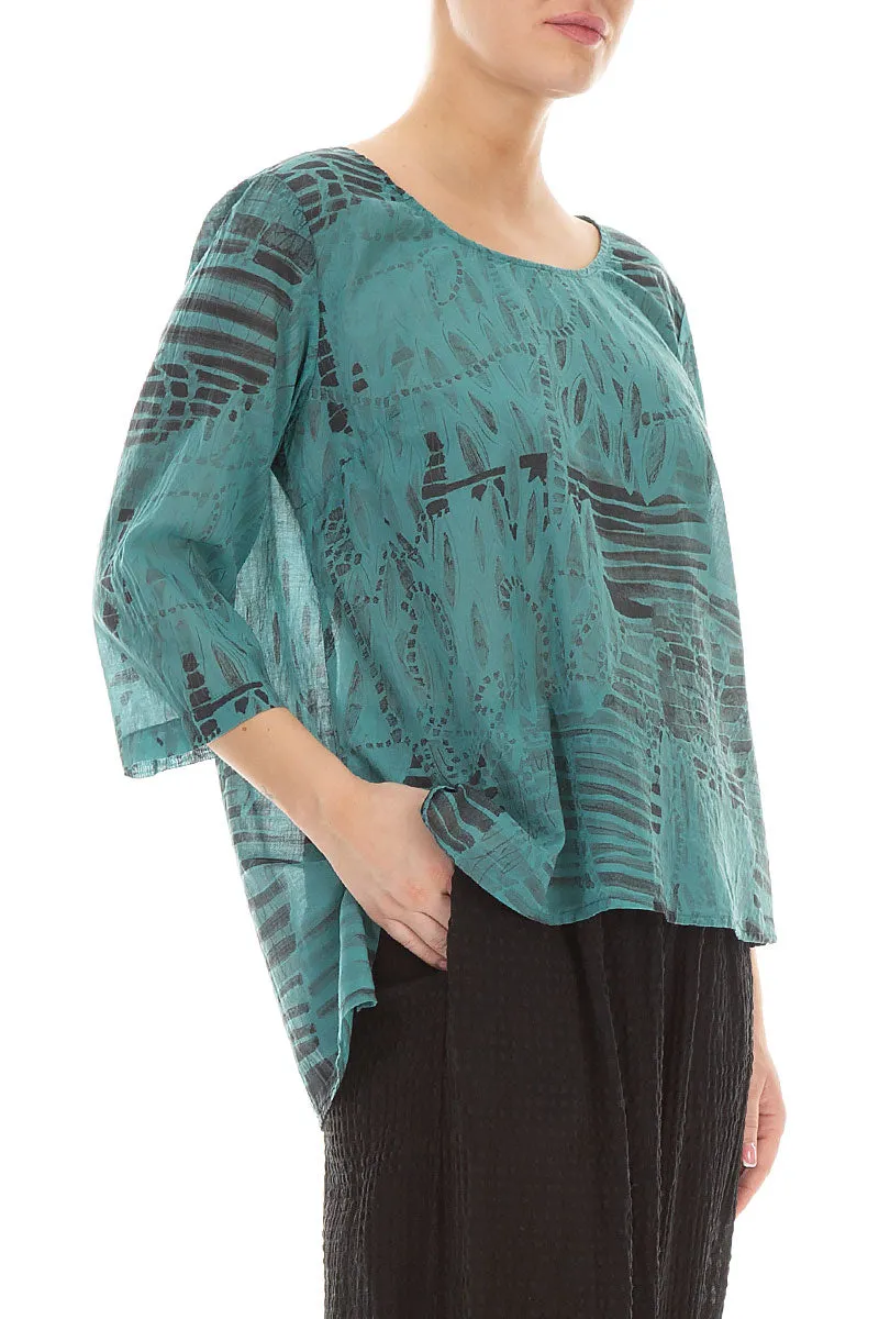 Cropped Sleeves Turquoise Serenity Cotton Top