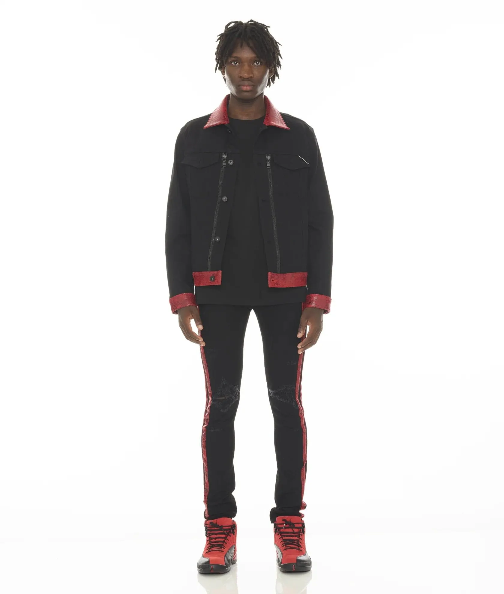 Cult Of Individuality - "Type II" Denim Jacket (Black) - Premium Denim Vegan Leather Red Snakeskin