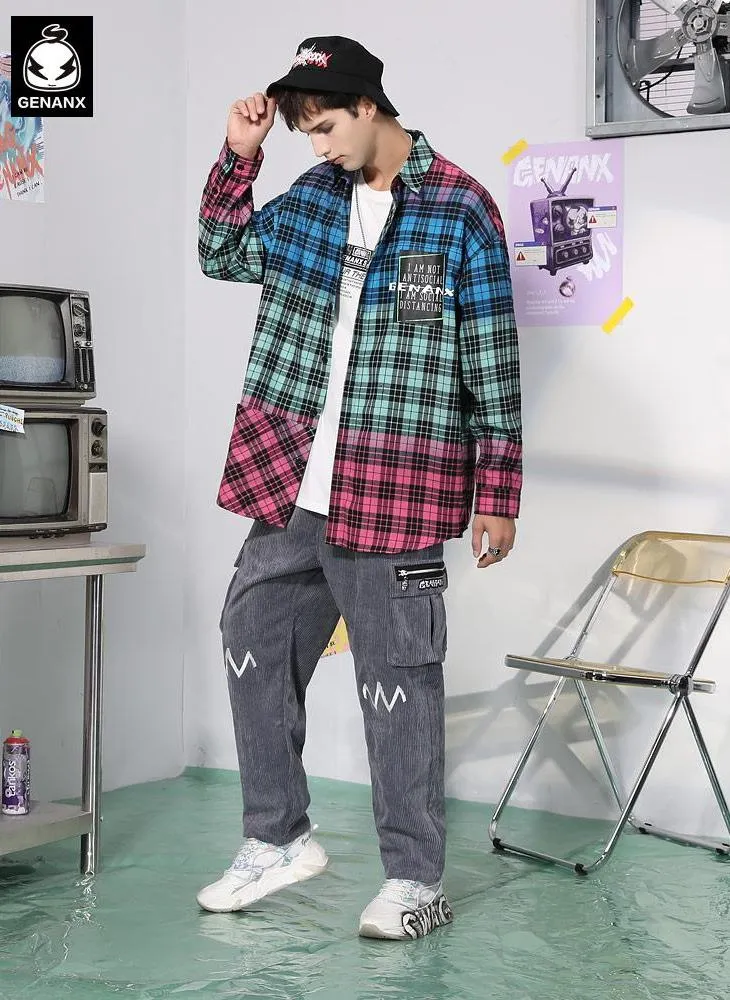 Dazzling Mixed Color Plaid Pumpkin Wizard Print Loose Shirt