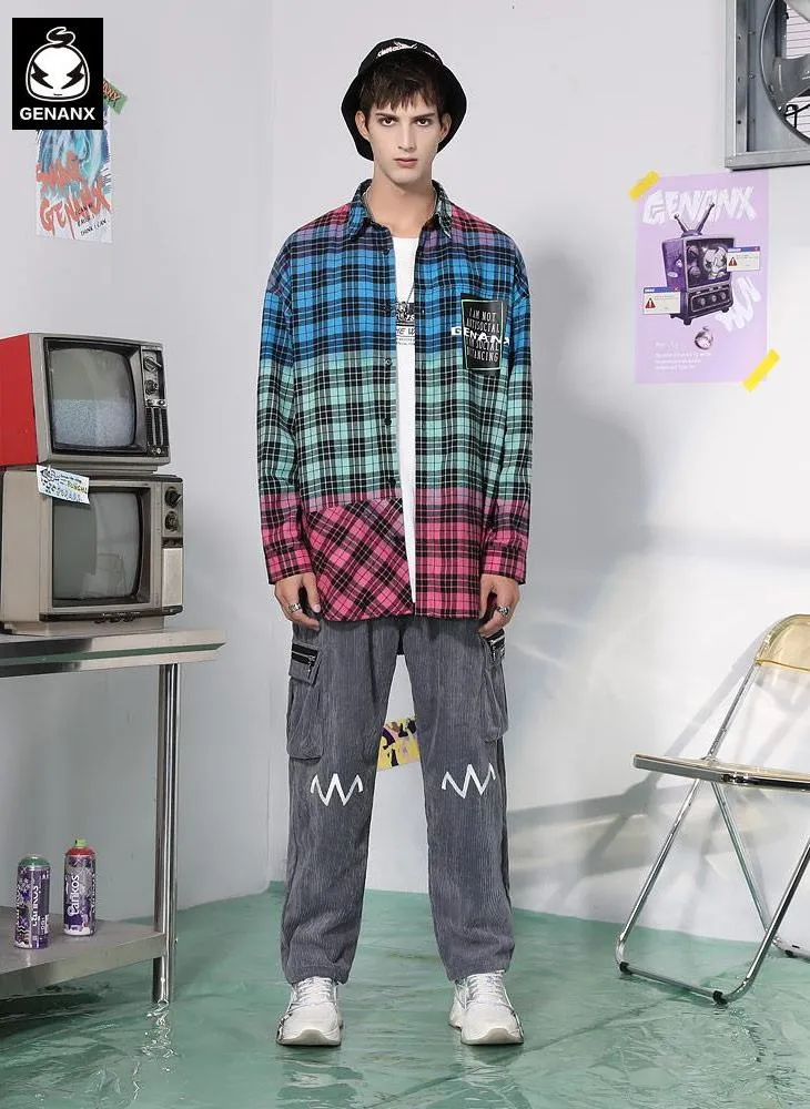 Dazzling Mixed Color Plaid Pumpkin Wizard Print Loose Shirt