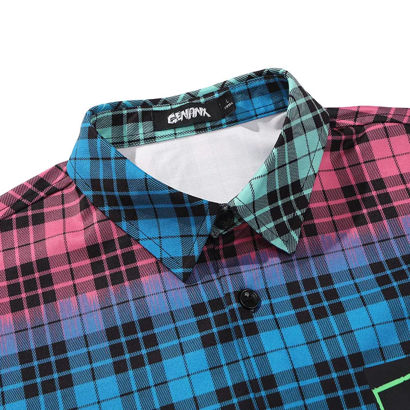 Dazzling Mixed Color Plaid Pumpkin Wizard Print Loose Shirt