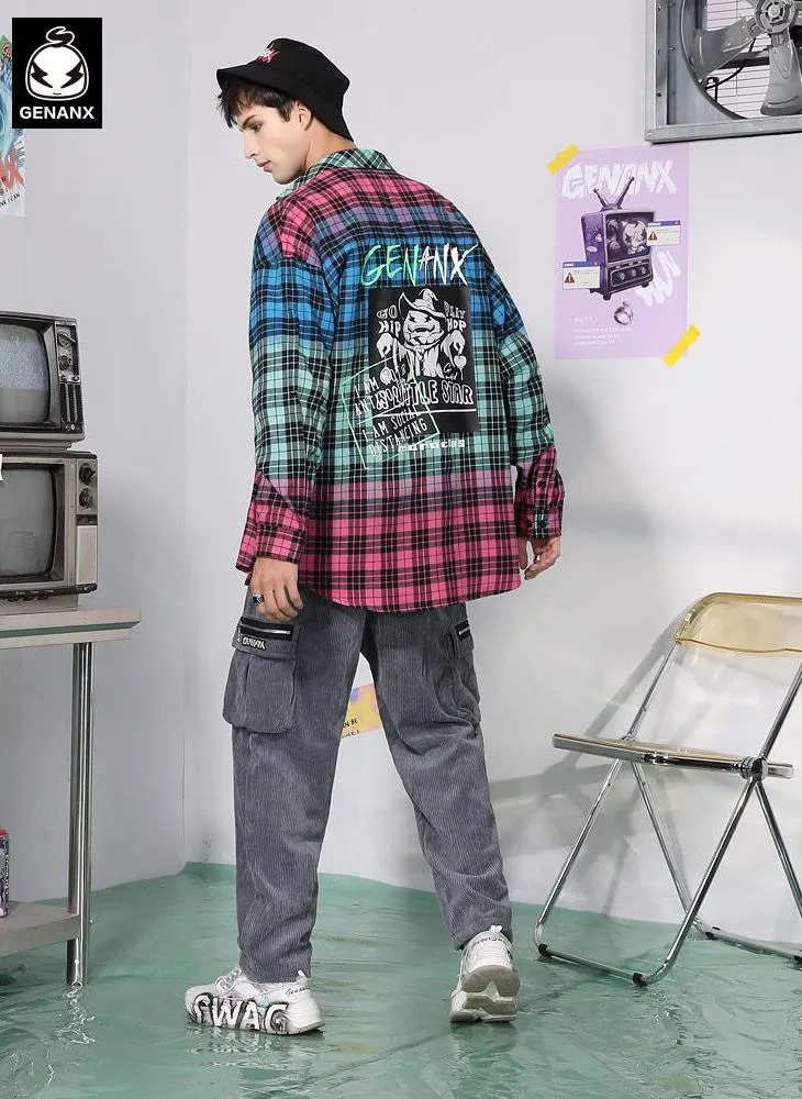 Dazzling Mixed Color Plaid Pumpkin Wizard Print Loose Shirt