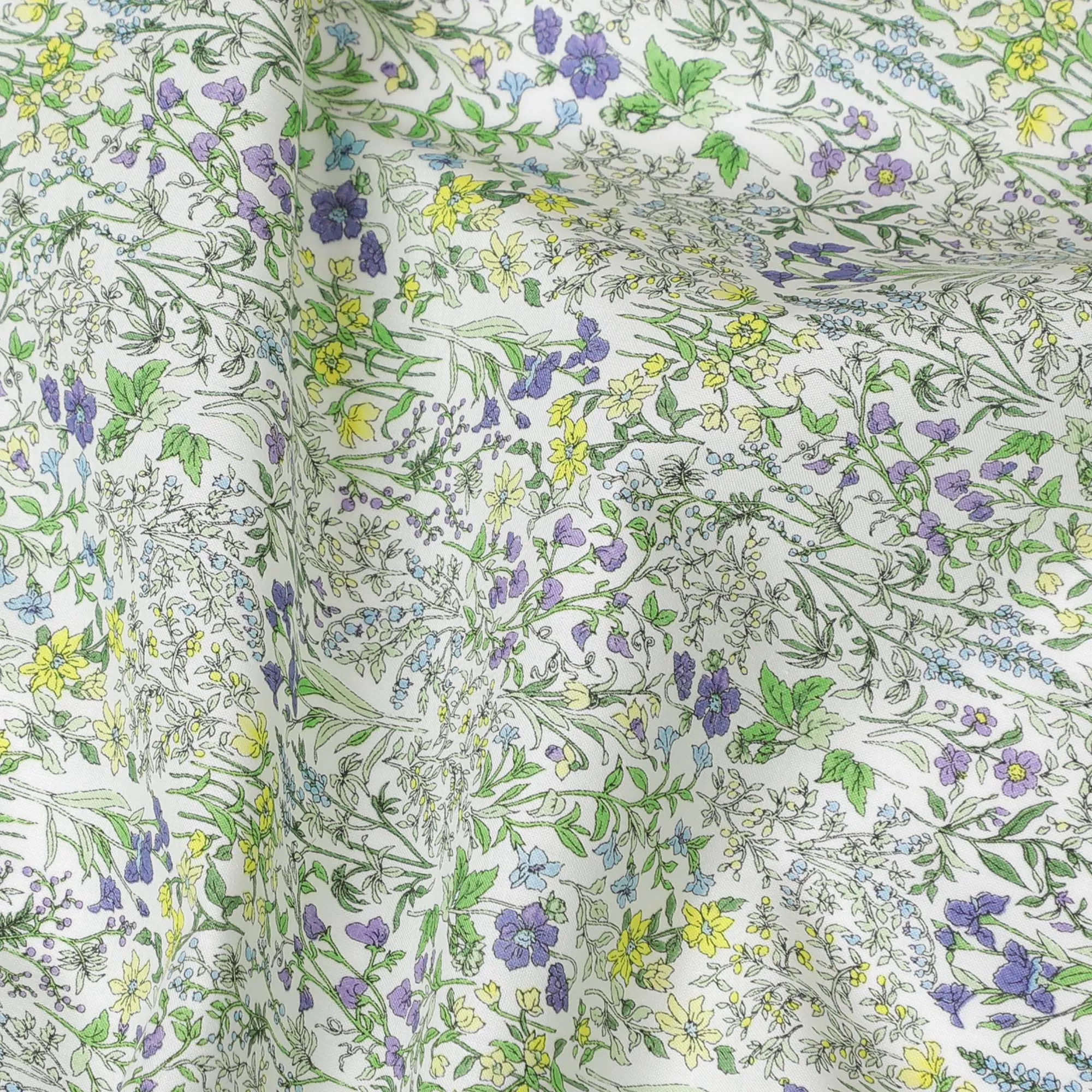 Delicate White Floral Cotton Lawn Fabric with Yellow and Purple Blossoms, 110 cm Wide, Japanese Design-D19555