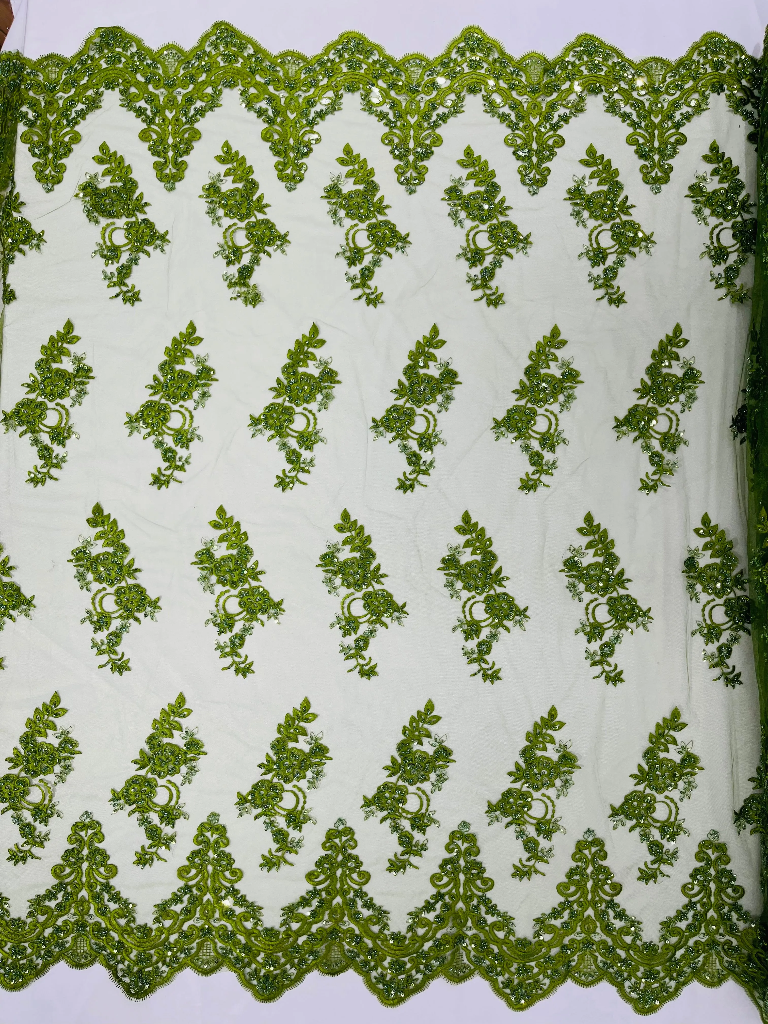 ELEGANT BEADED FLORAL LACE ON MESH FABRIC (By The Yard)