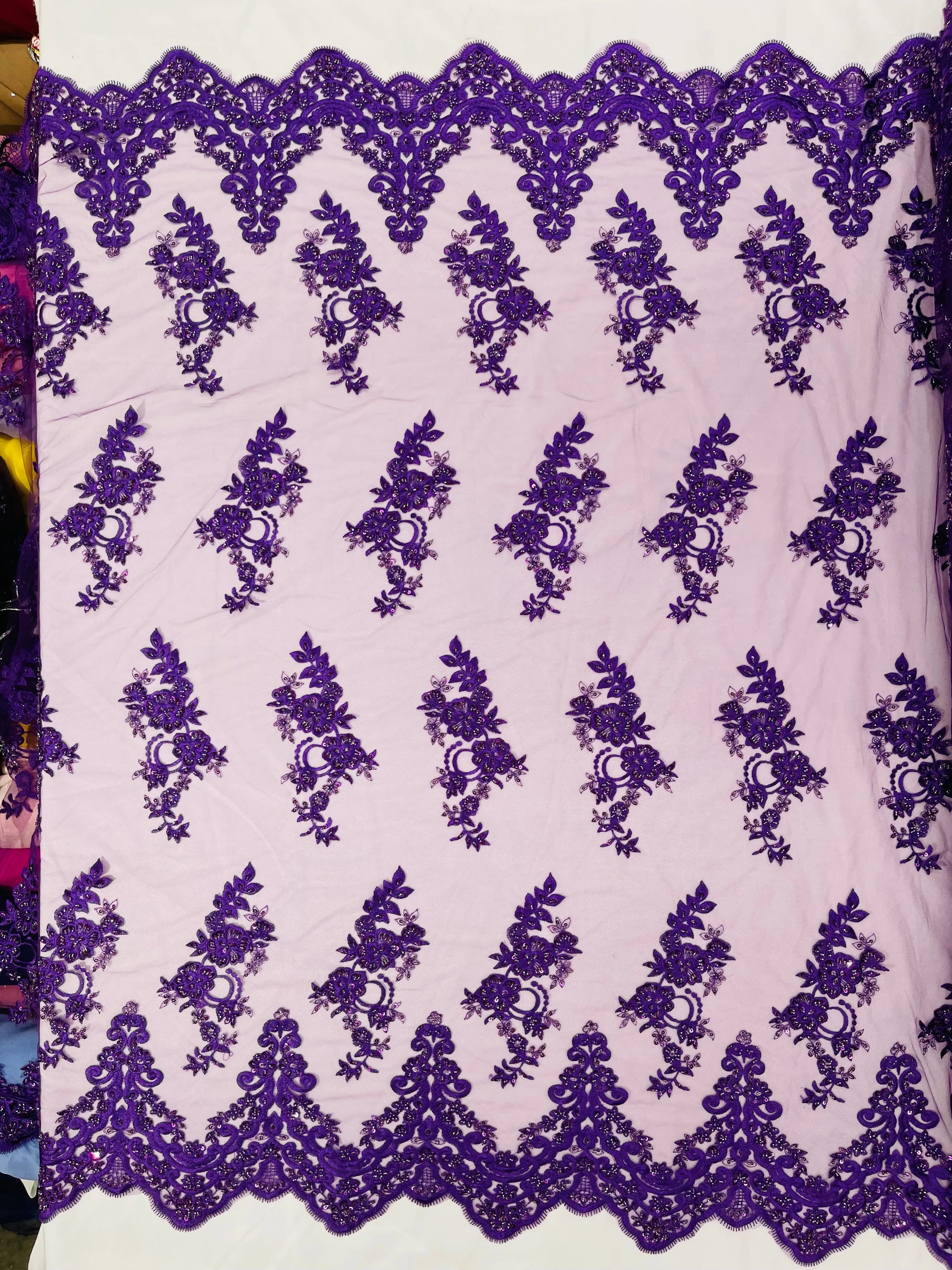ELEGANT BEADED FLORAL LACE ON MESH FABRIC (By The Yard)