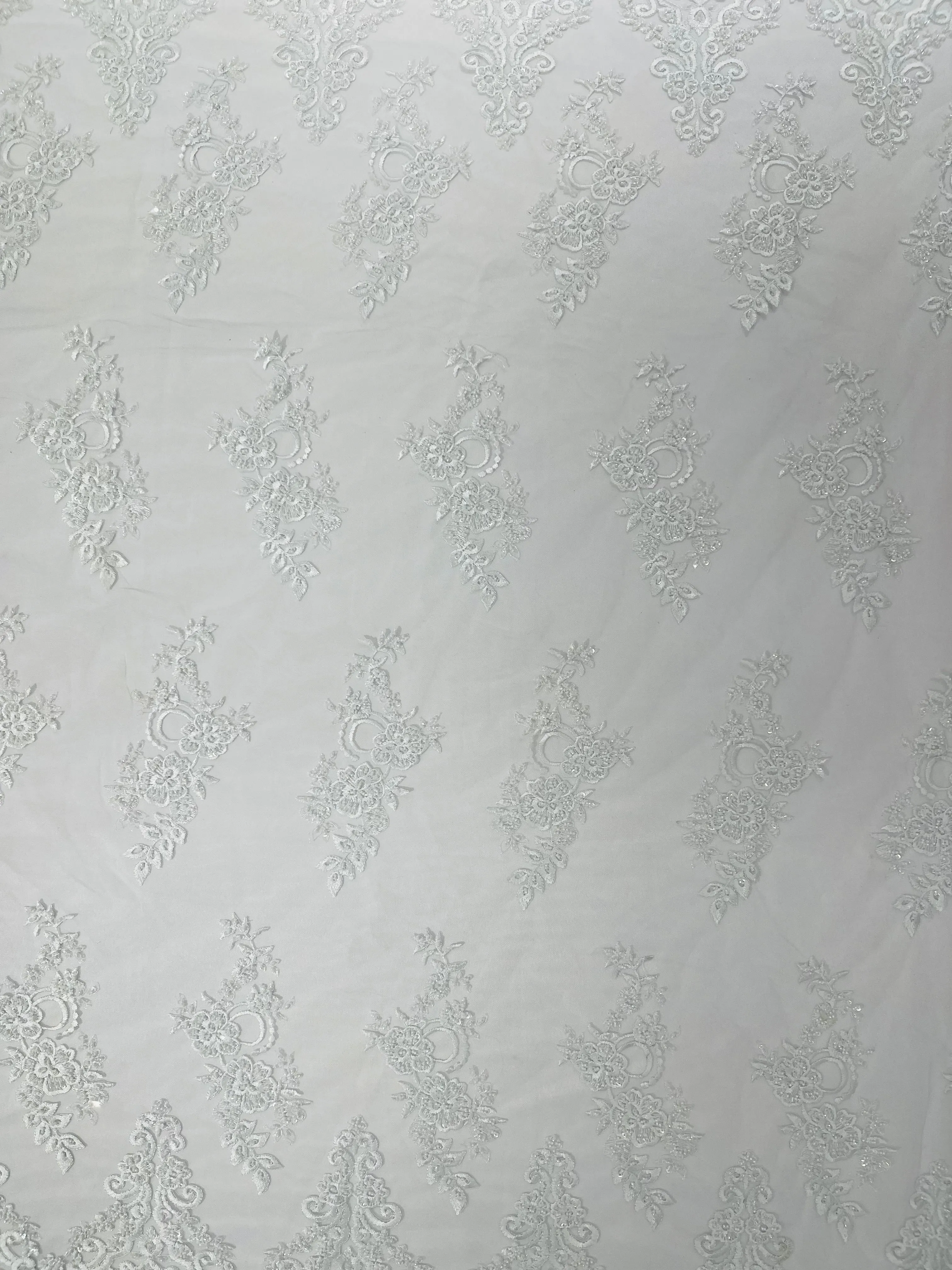 ELEGANT BEADED FLORAL LACE ON MESH FABRIC (By The Yard)