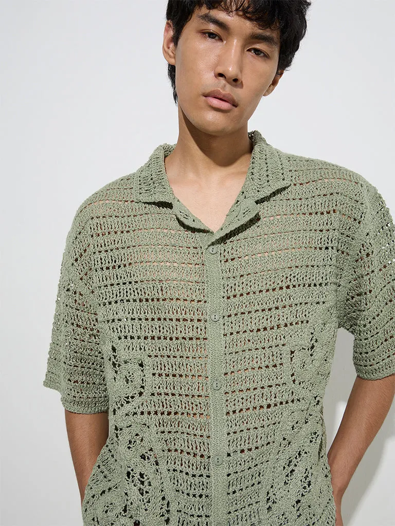 ETA Dark Sage Crochet-Knitted Relaxed-Fit Shirt