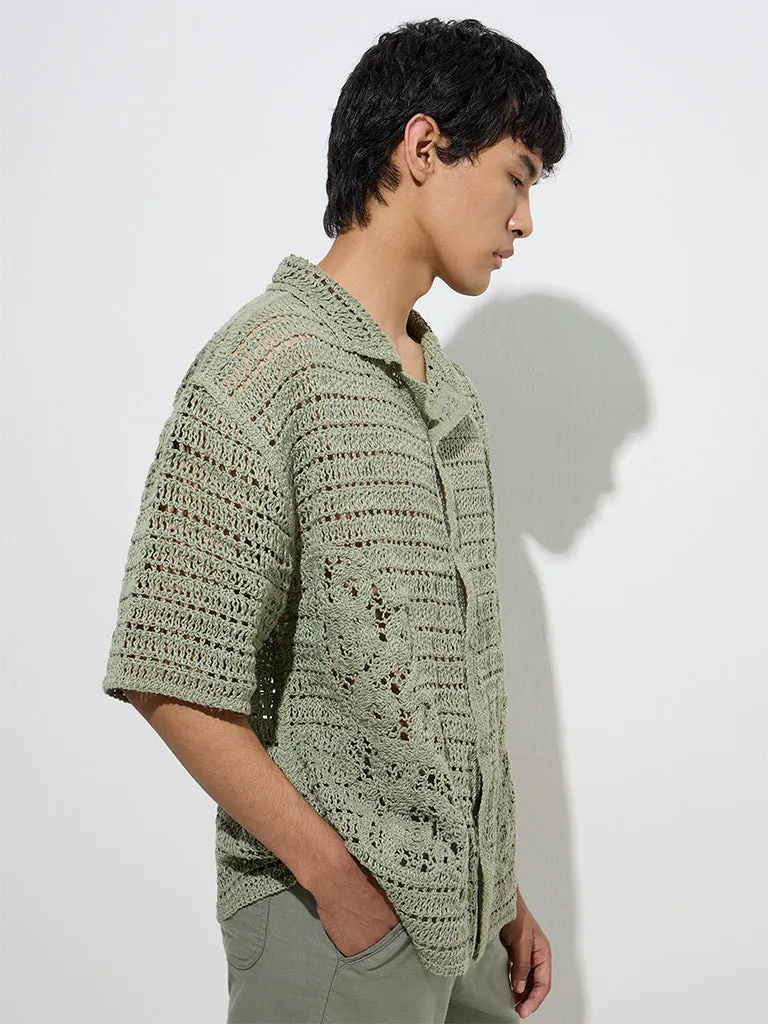 ETA Dark Sage Crochet-Knitted Relaxed-Fit Shirt