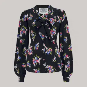 Eva Pussy Bow Blouse in Black Floral Dancer