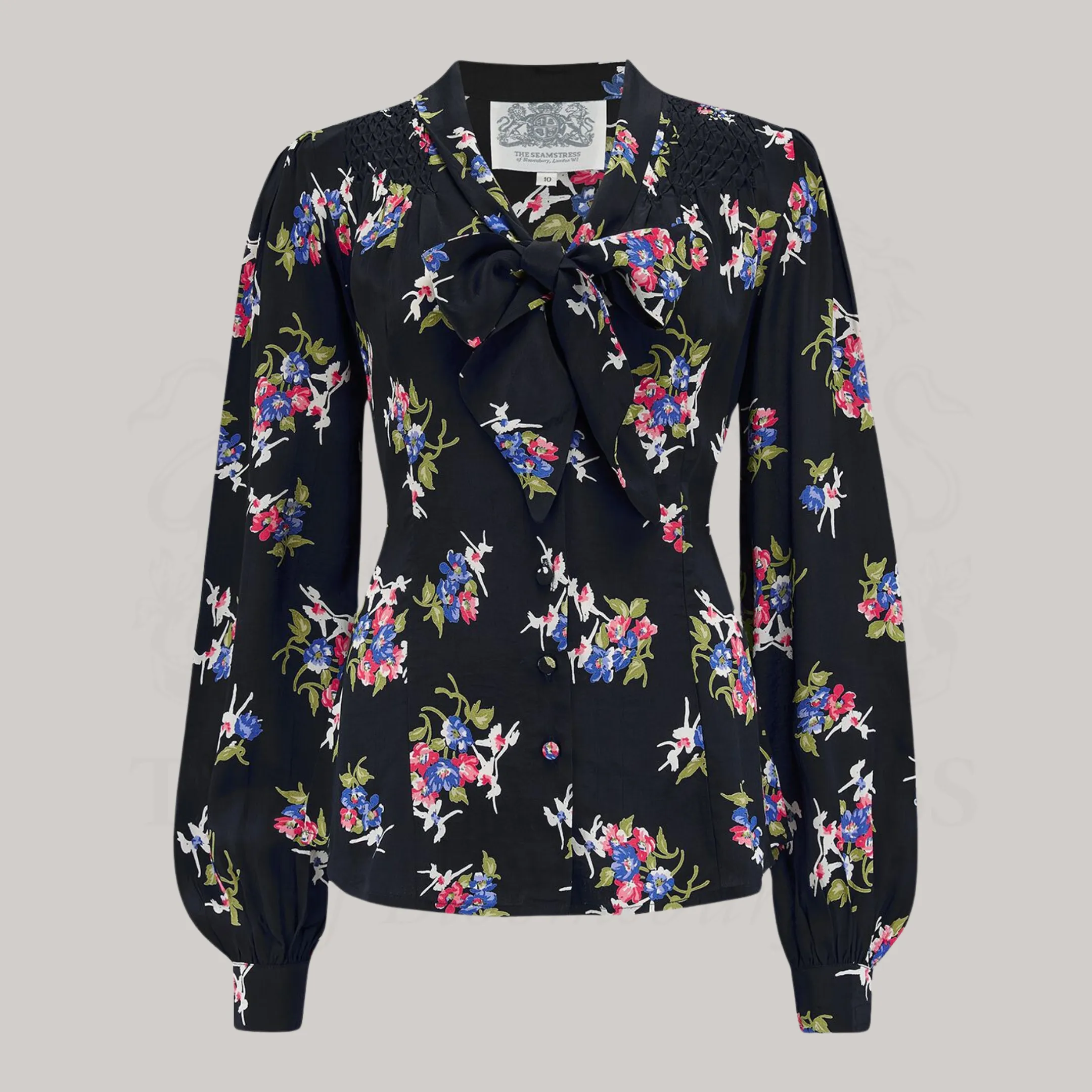 Eva Pussy Bow Blouse in Black Floral Dancer