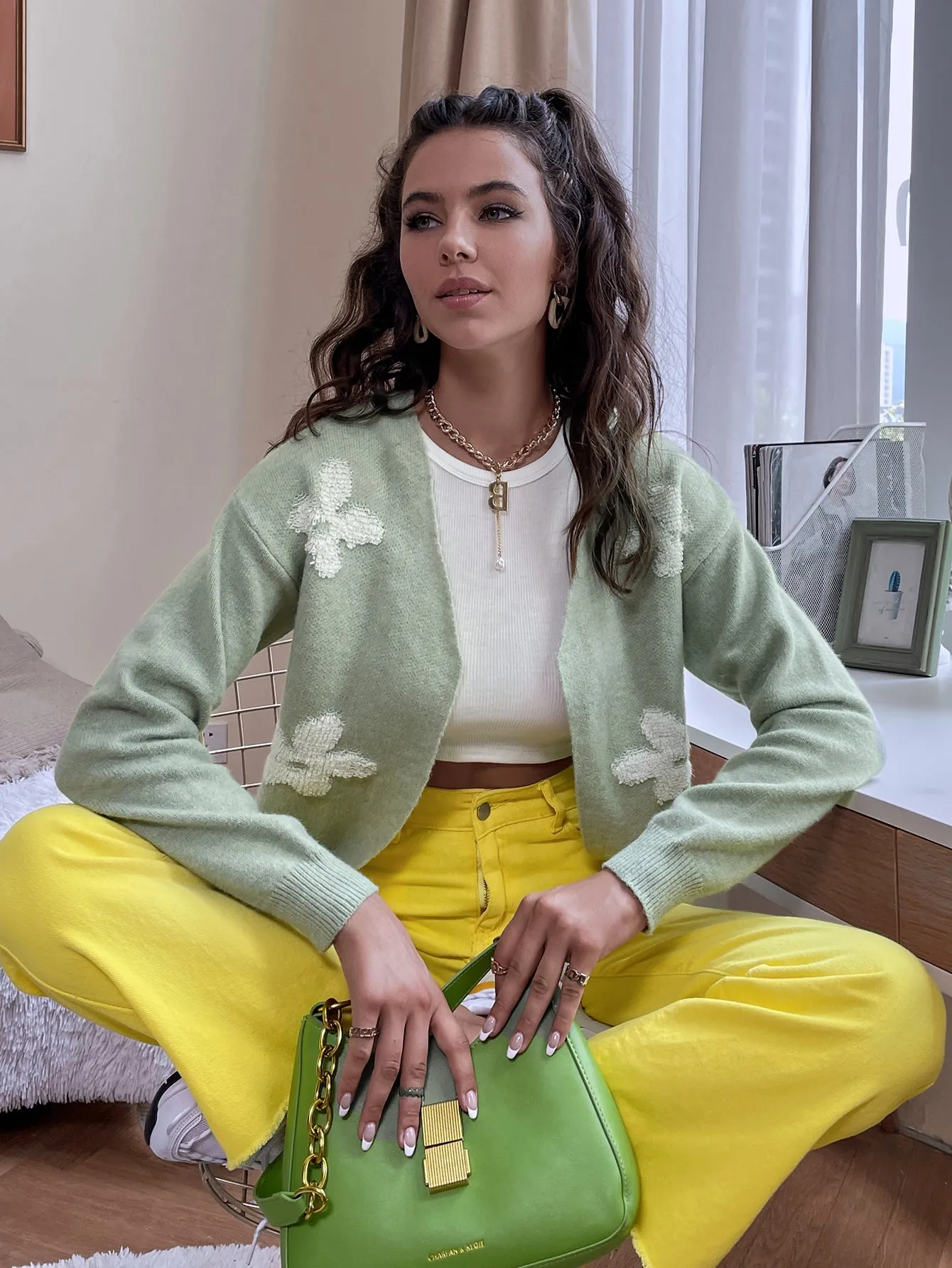 Foral Pattern Button-Up Light Green Knitted Cardigan MYZU1348LV