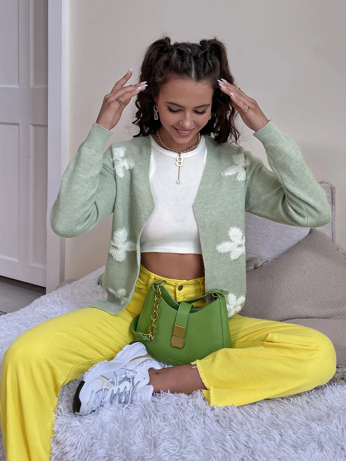 Foral Pattern Button-Up Light Green Knitted Cardigan MYZU1348LV