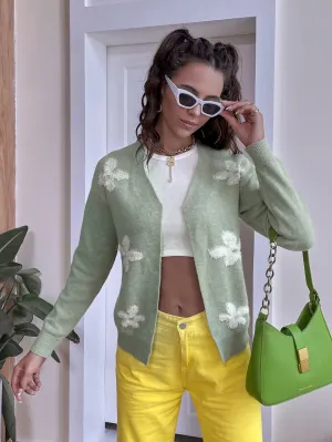 Foral Pattern Button-Up Light Green Knitted Cardigan MYZU1348LV